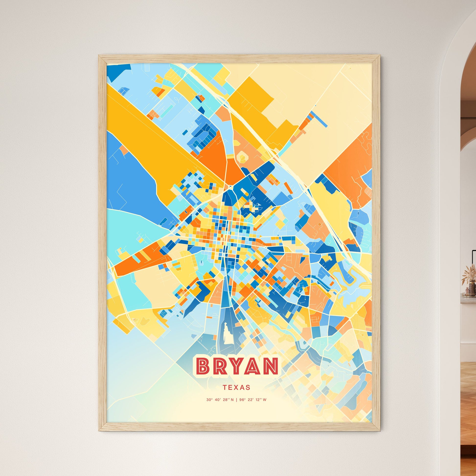 Colorful Bryan Texas Fine Art Map Blue Orange