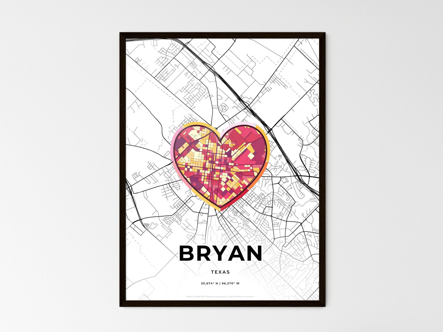Bryan Texas wedding art map with heart icon