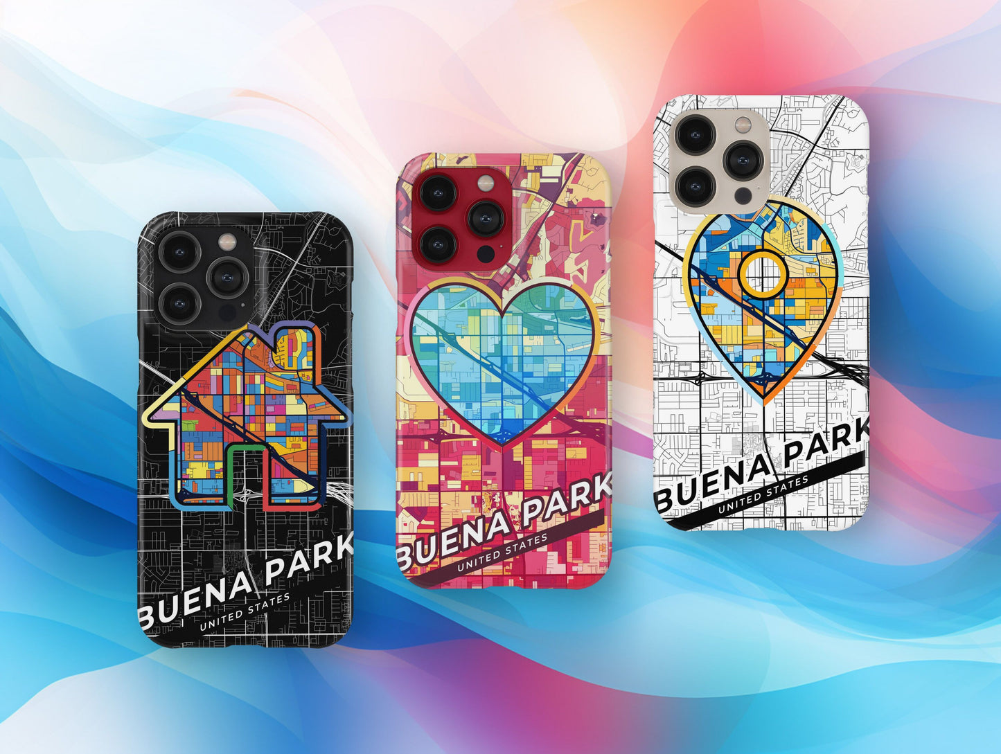 Buena Park California slim phone case with colorful icon. Birthday, wedding or housewarming gift. Couple match cases.