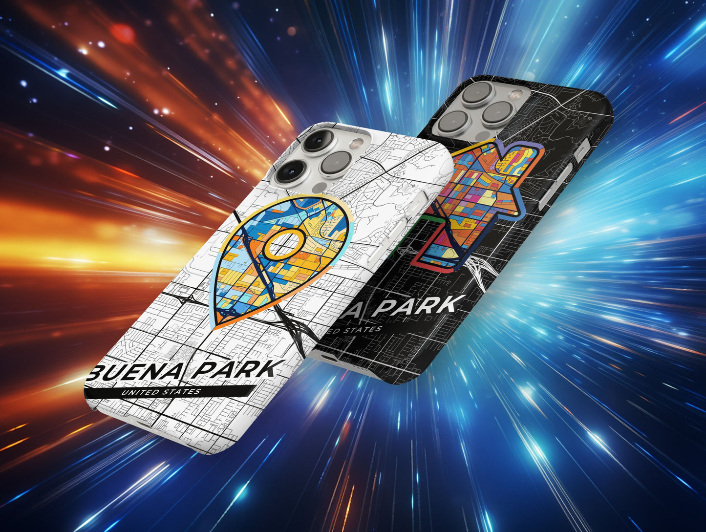 Buena Park California slim phone case with colorful icon. Birthday, wedding or housewarming gift. Couple match cases.