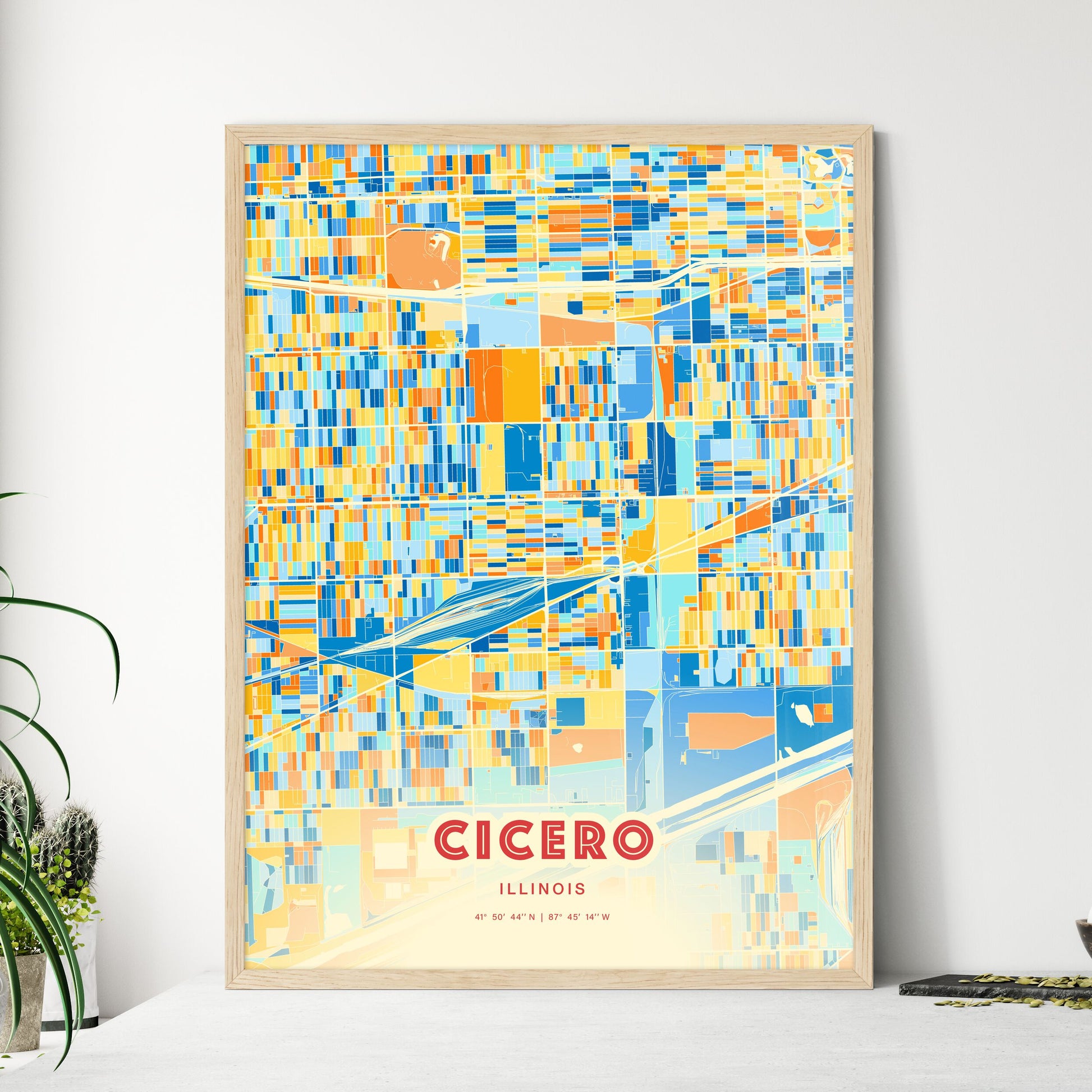 Colorful Cicero Illinois Fine Art Map Blue Orange