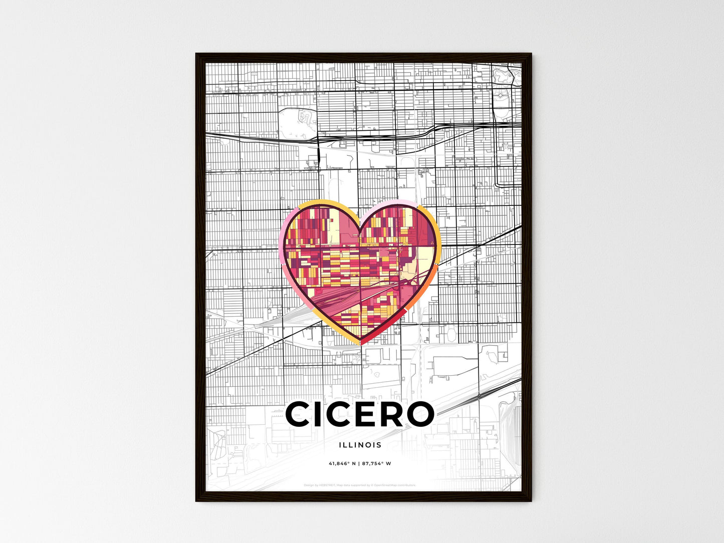 Cicero Illinois wedding art map with heart icon