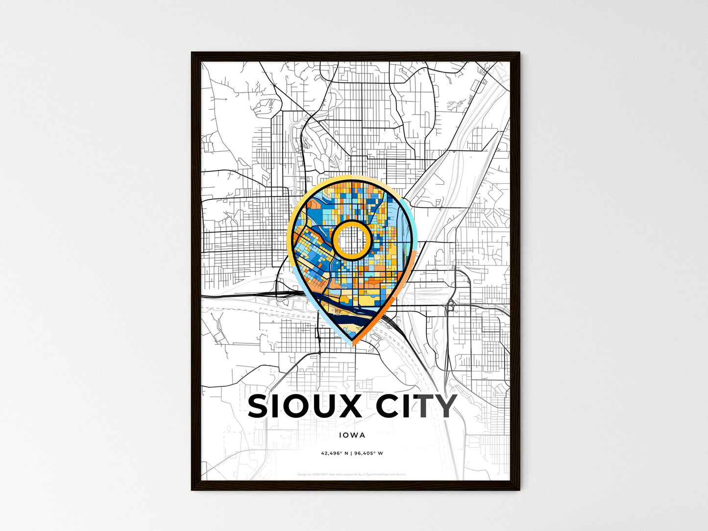 Sioux City Iowa wedding art map with pointer icon