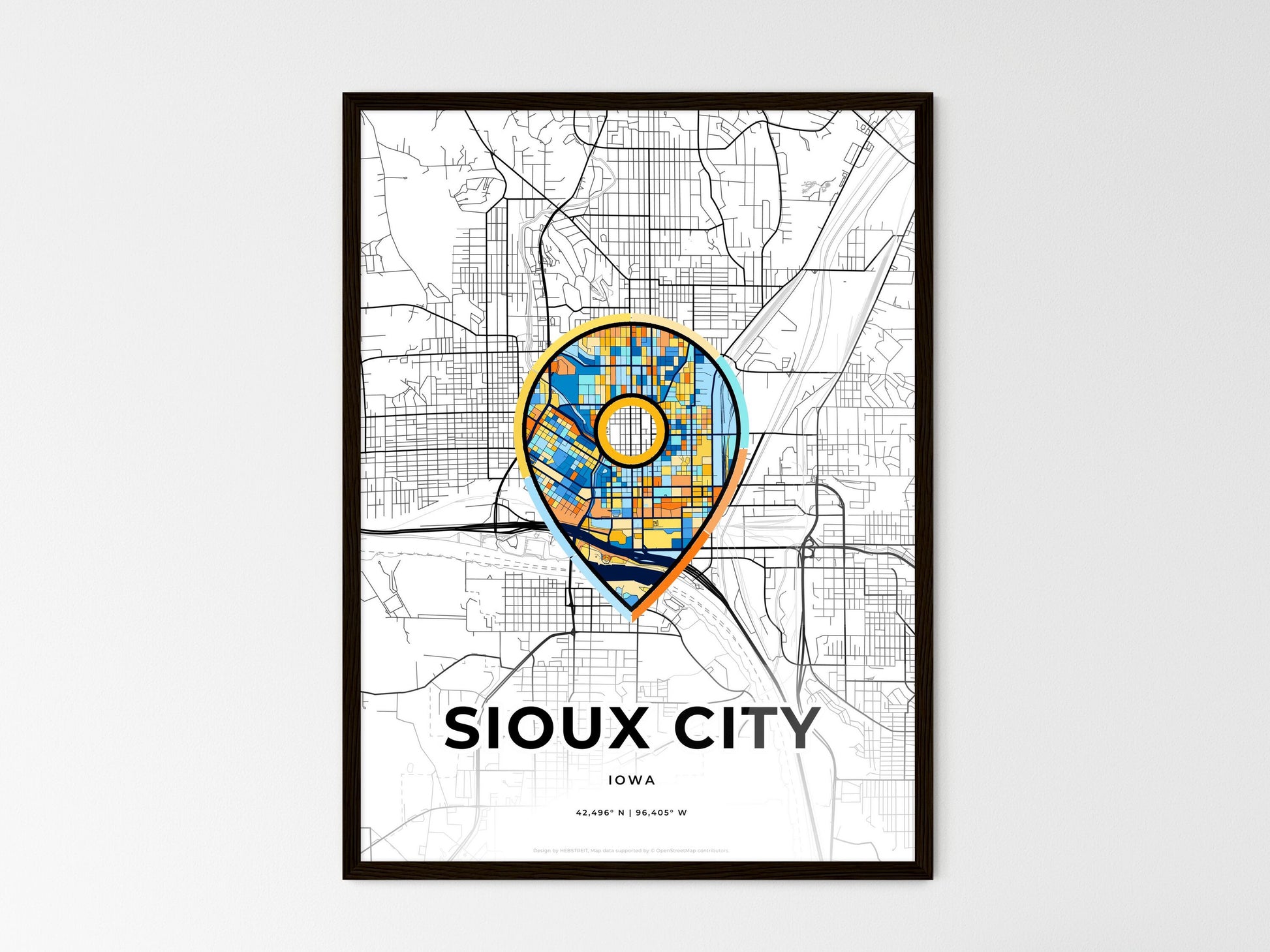 Sioux City Iowa wedding art map with pointer icon