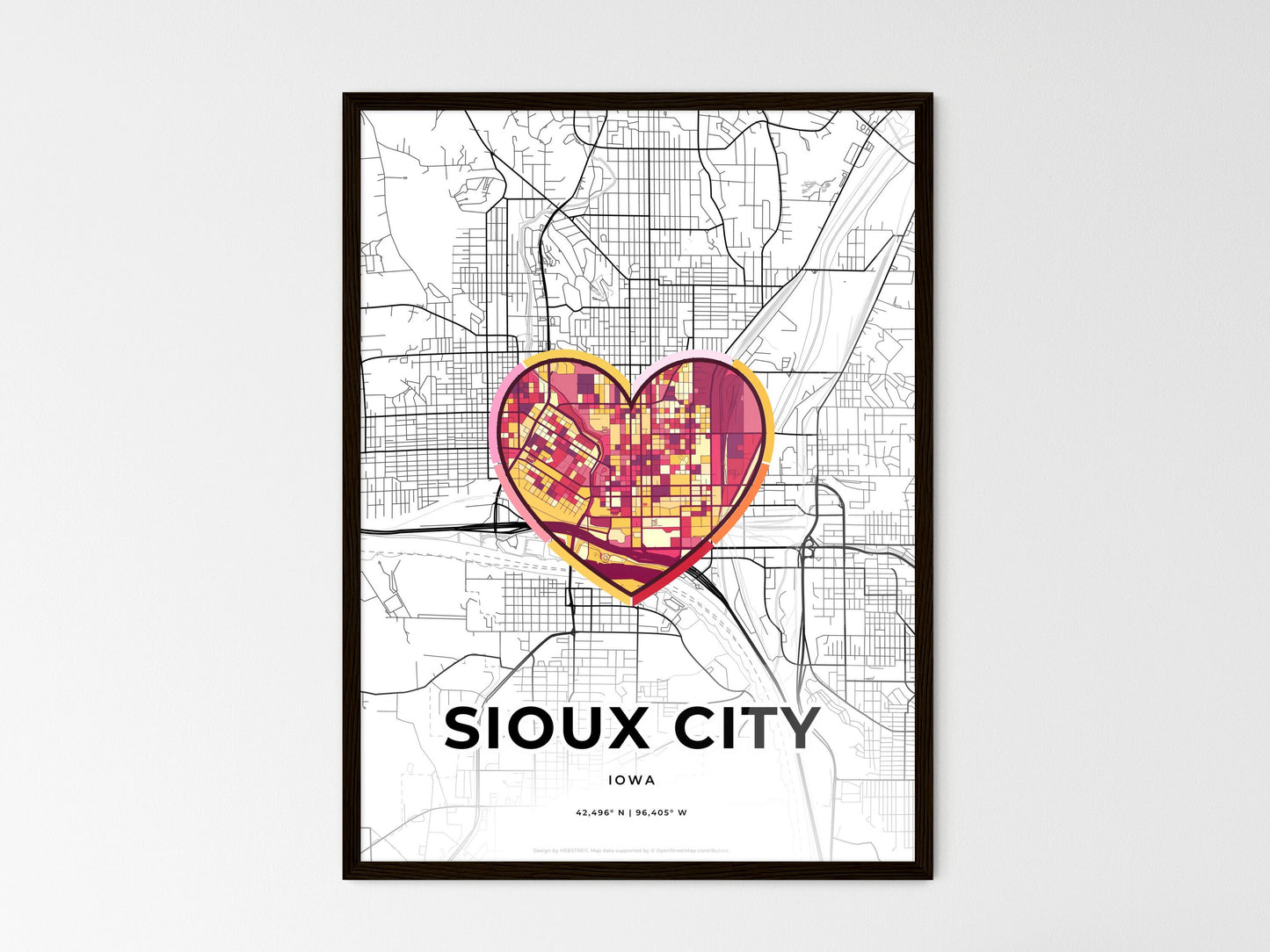 Sioux City Iowa wedding art map with heart icon