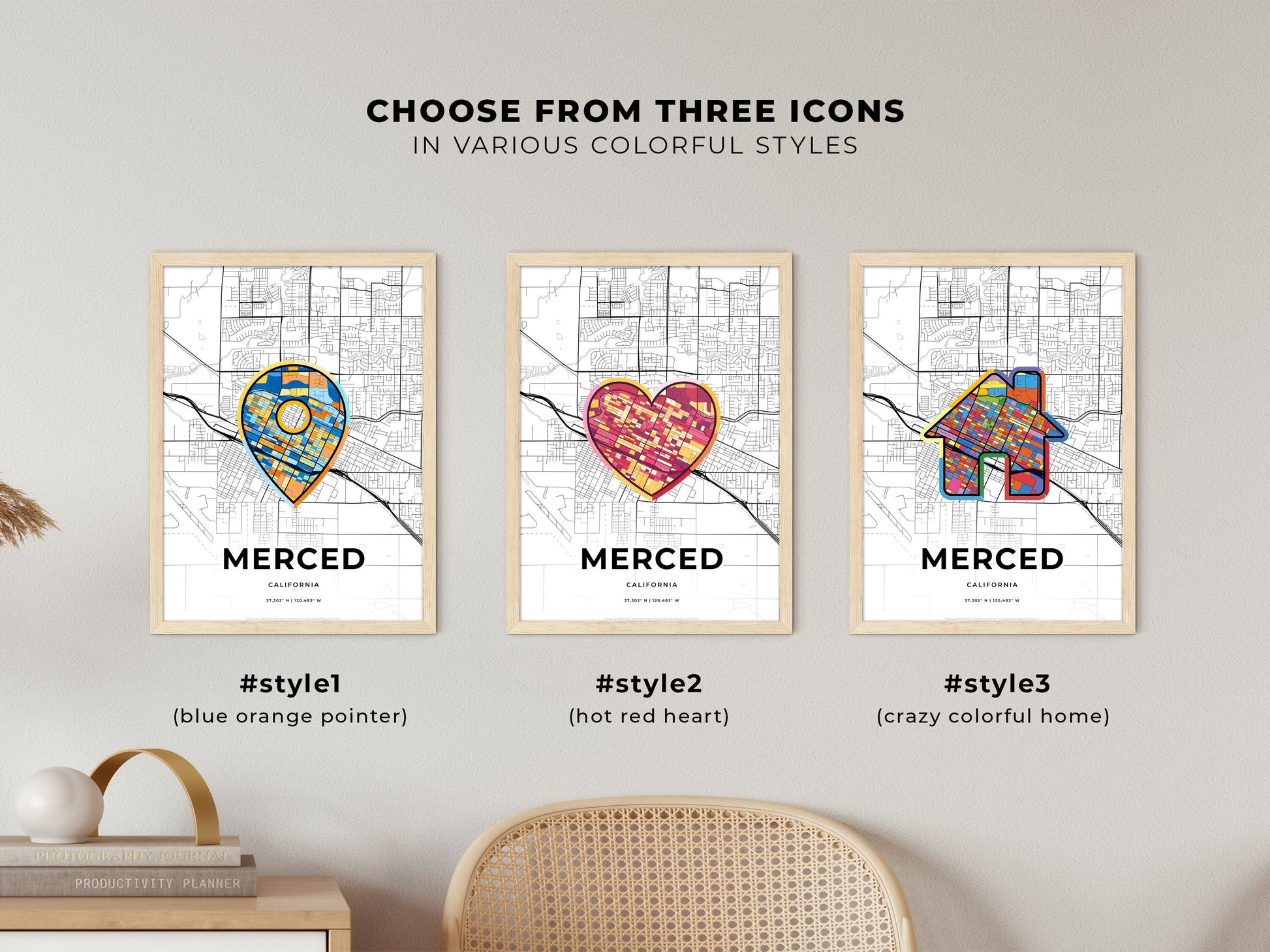 Merced California maps with colorful icons