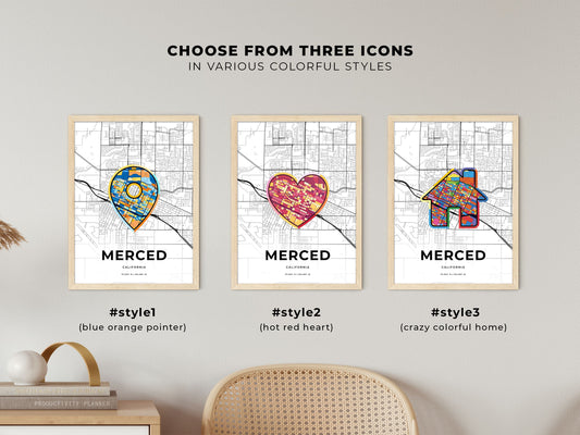 Merced California maps with colorful icons