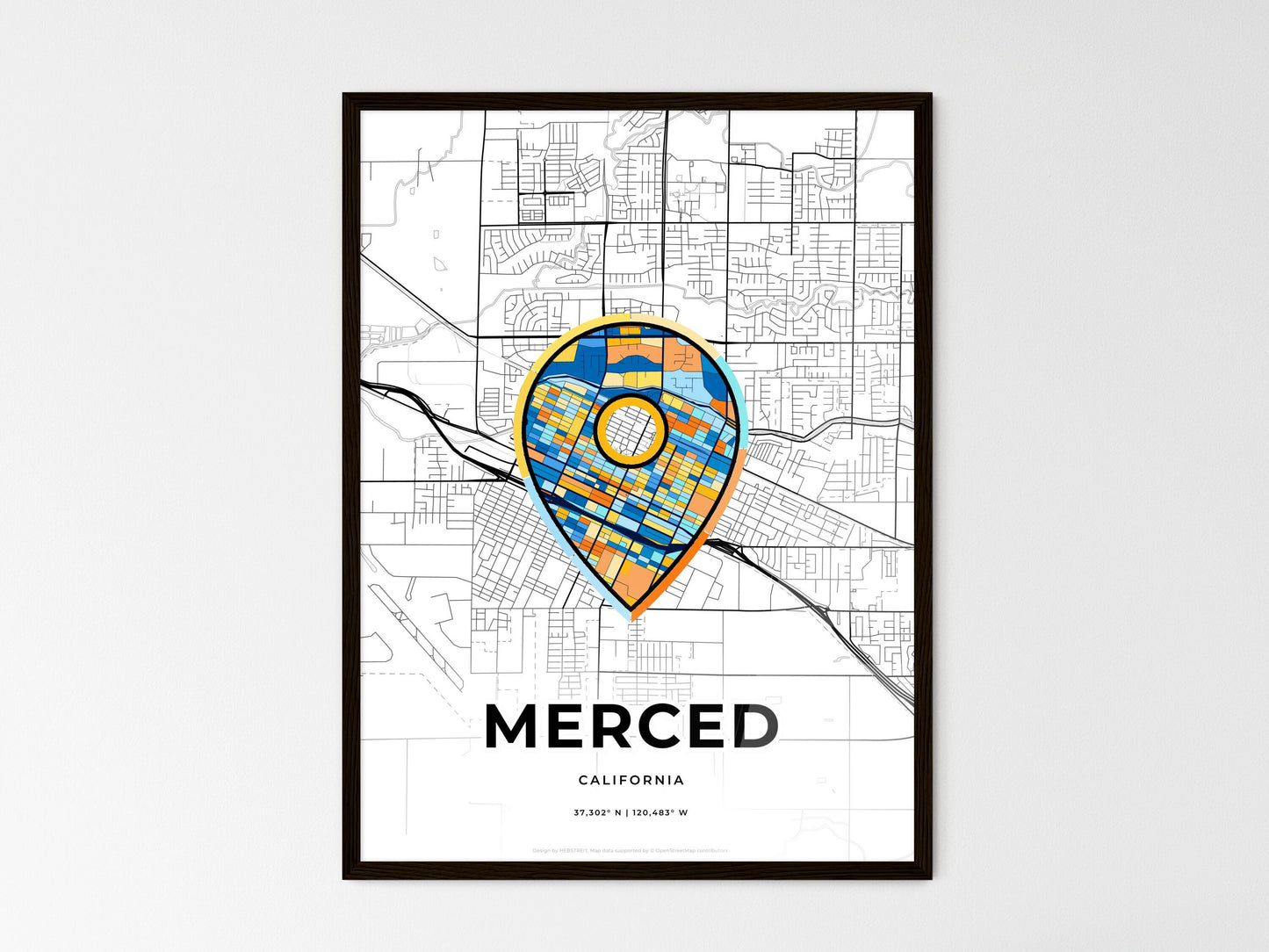Merced California wedding art map with pointer icon