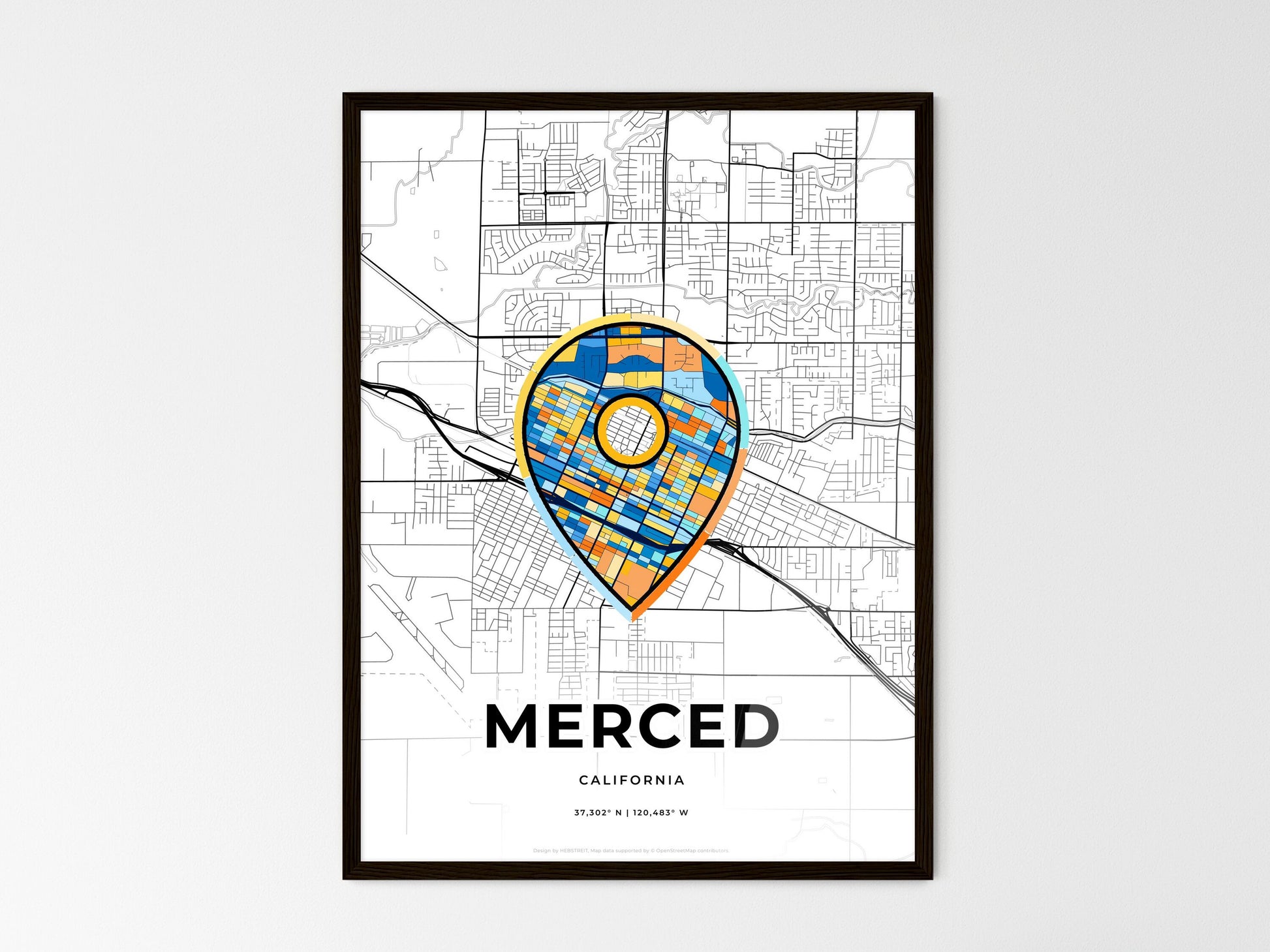 Merced California wedding art map with pointer icon