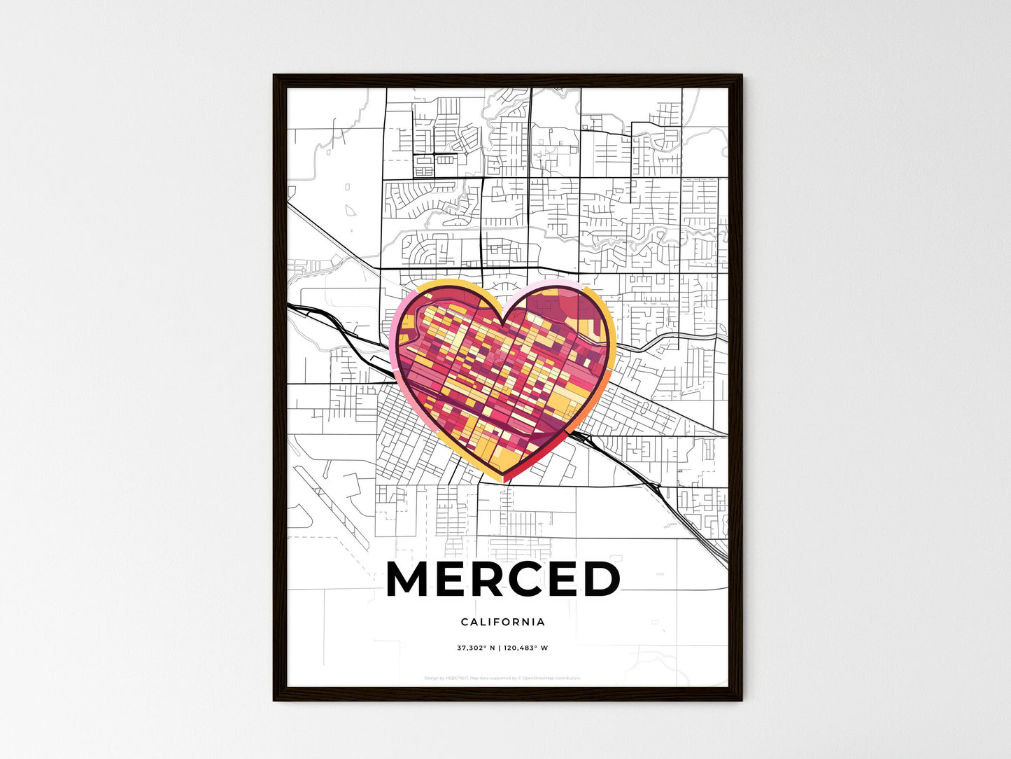 Merced California wedding art map with heart icon