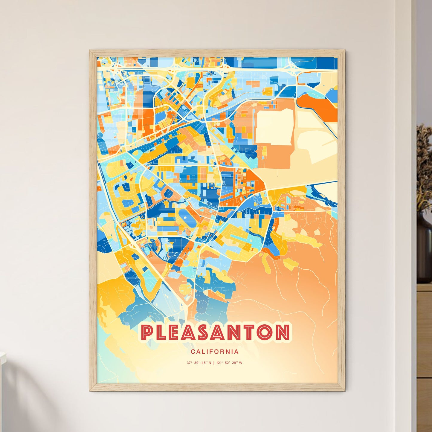 Colorful Pleasanton California Fine Art Map Blue Orange