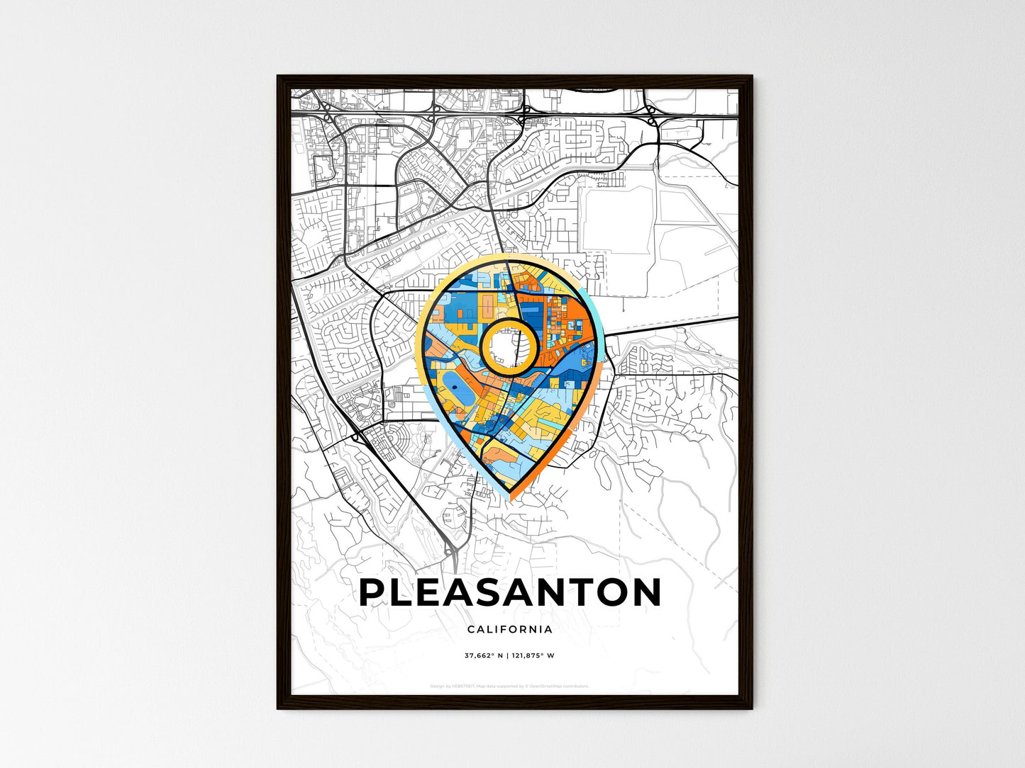 Pleasanton California wedding art map with pointer icon