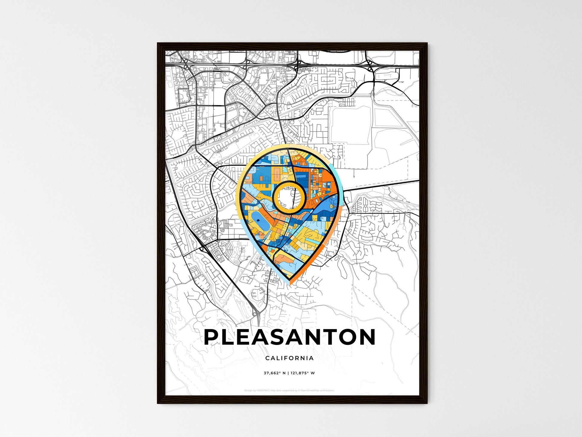 Pleasanton California wedding art map with pointer icon
