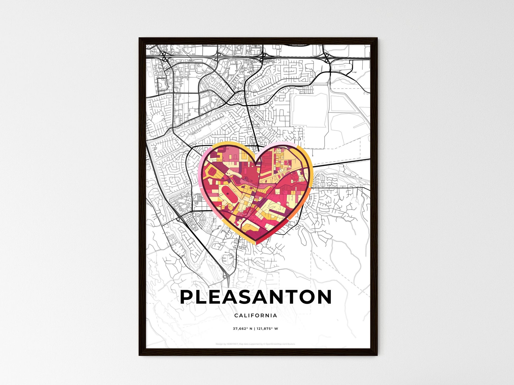 Pleasanton California wedding art map with heart icon