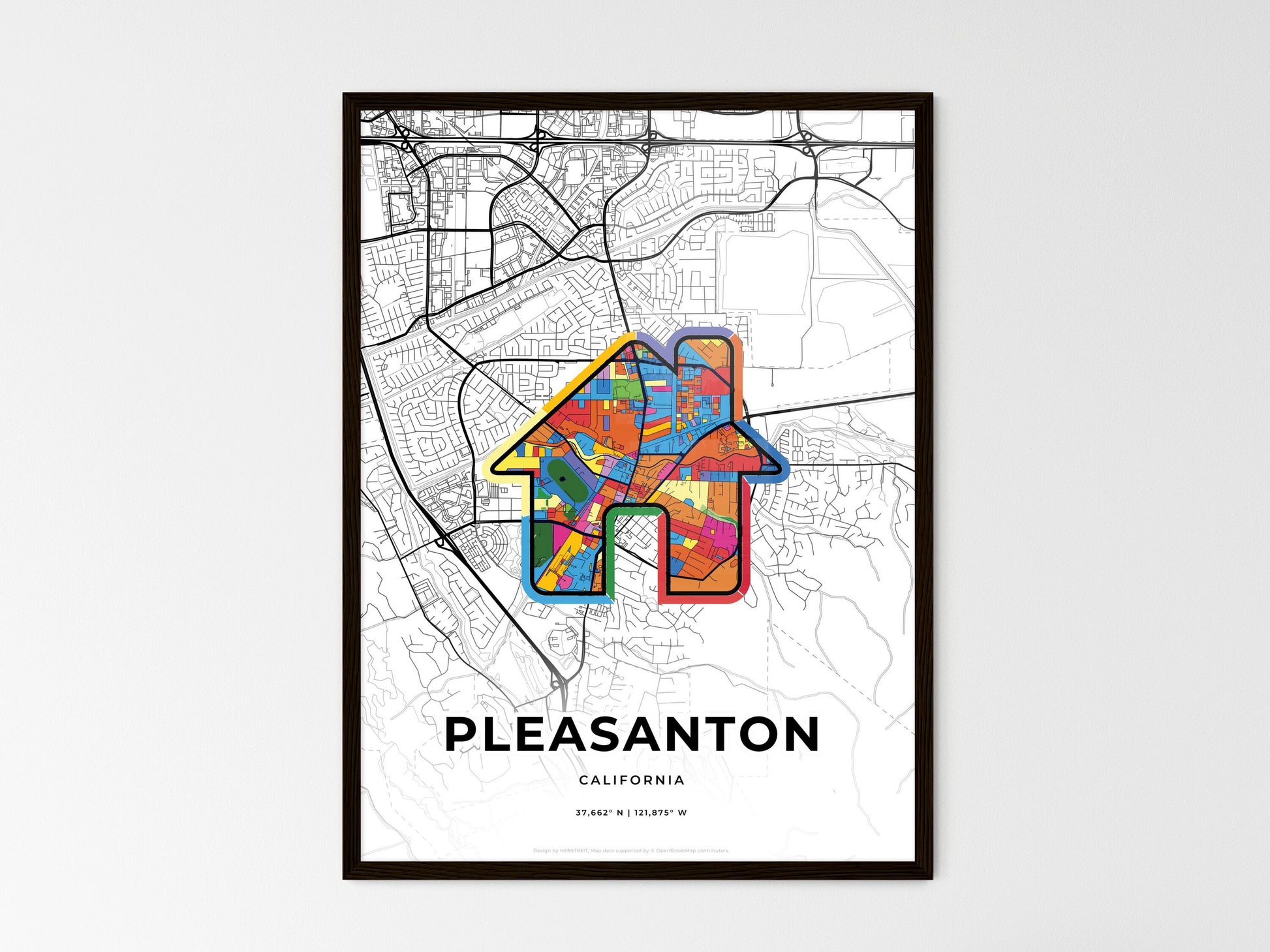 Pleasanton California wedding art map with home icon
