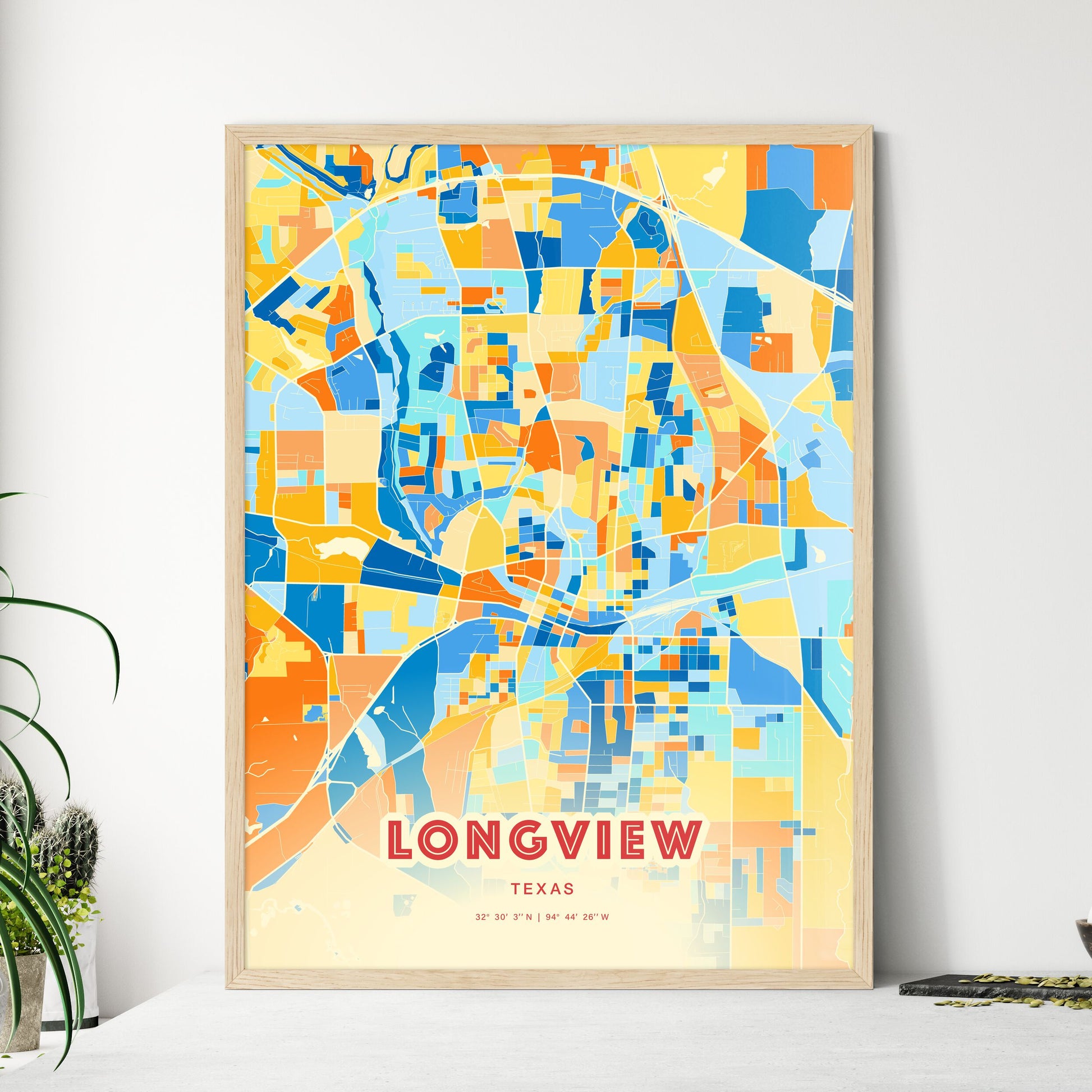 Colorful Longview Texas Fine Art Map Blue Orange