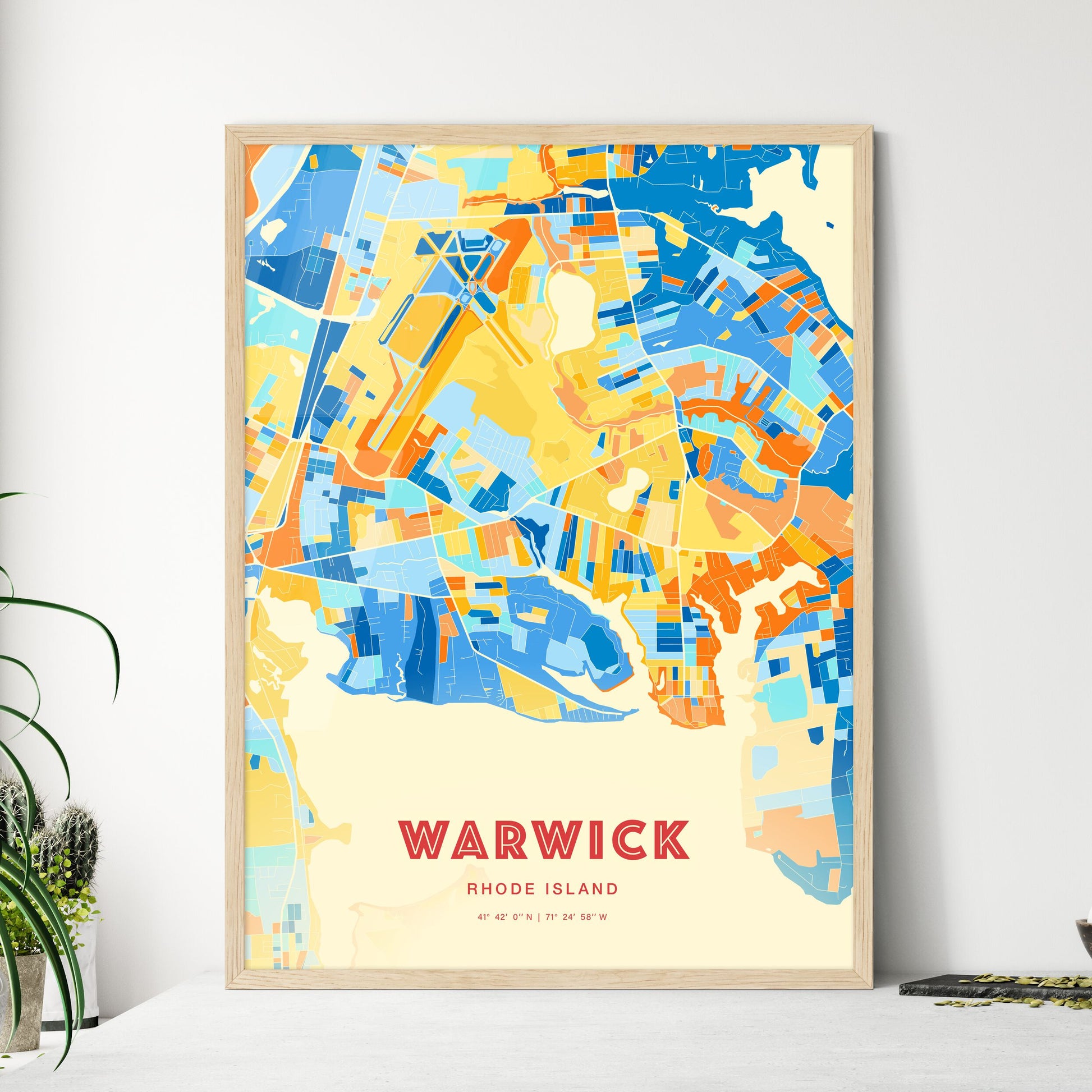 Colorful Warwick Rhode Island Fine Art Map Blue Orange