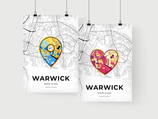 WARWICK RHODE ISLAND minimal art map with a colorful icon. Where it all began, Couple map gift.