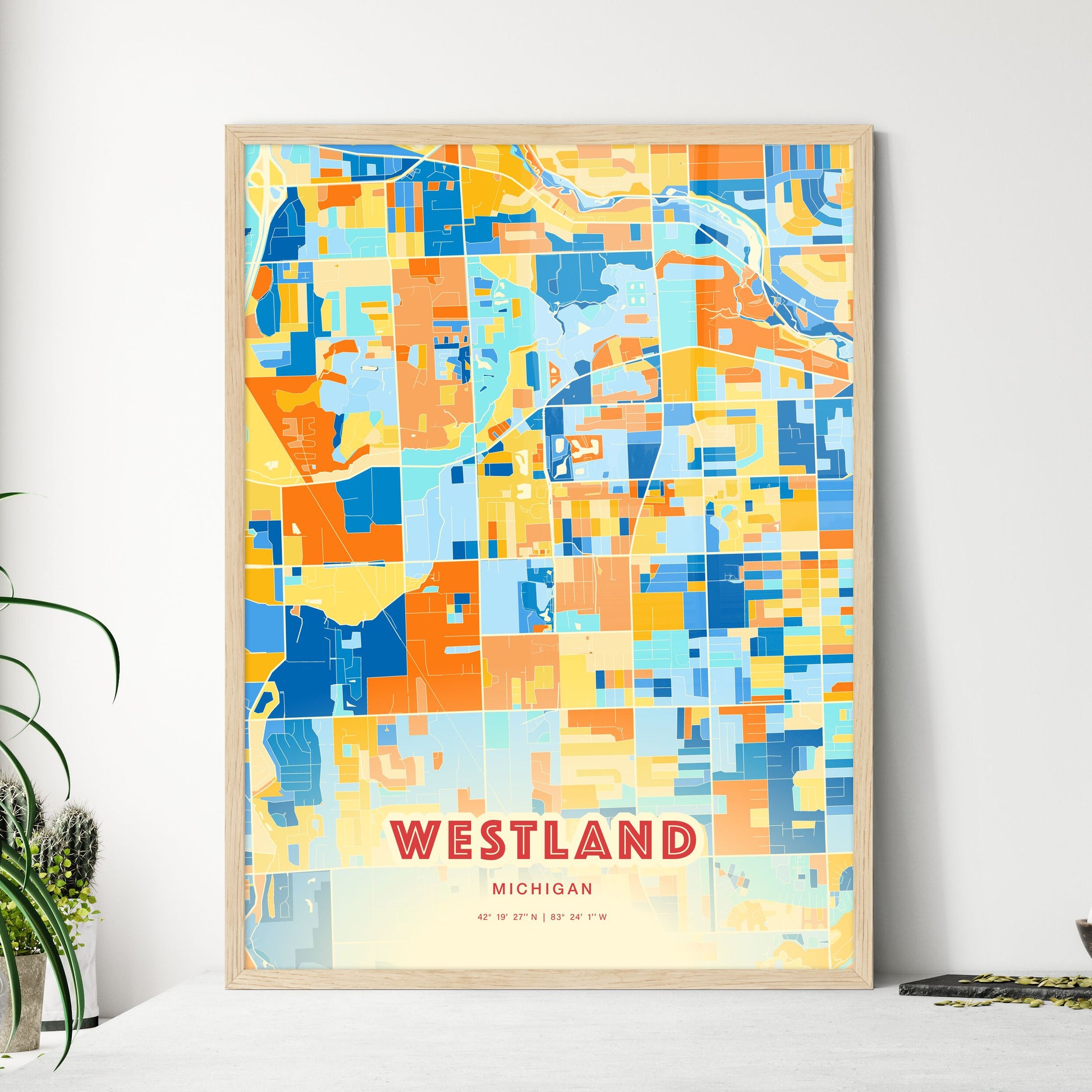 Colorful Westland Michigan Fine Art Map Blue Orange