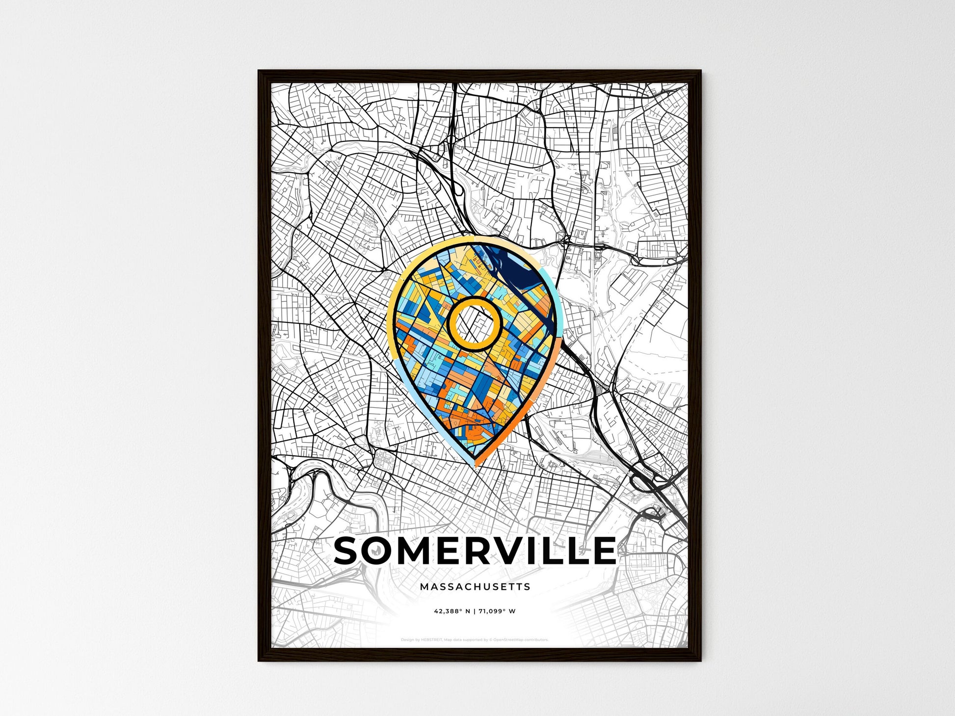 Somerville Massachusetts wedding art map with pointer icon