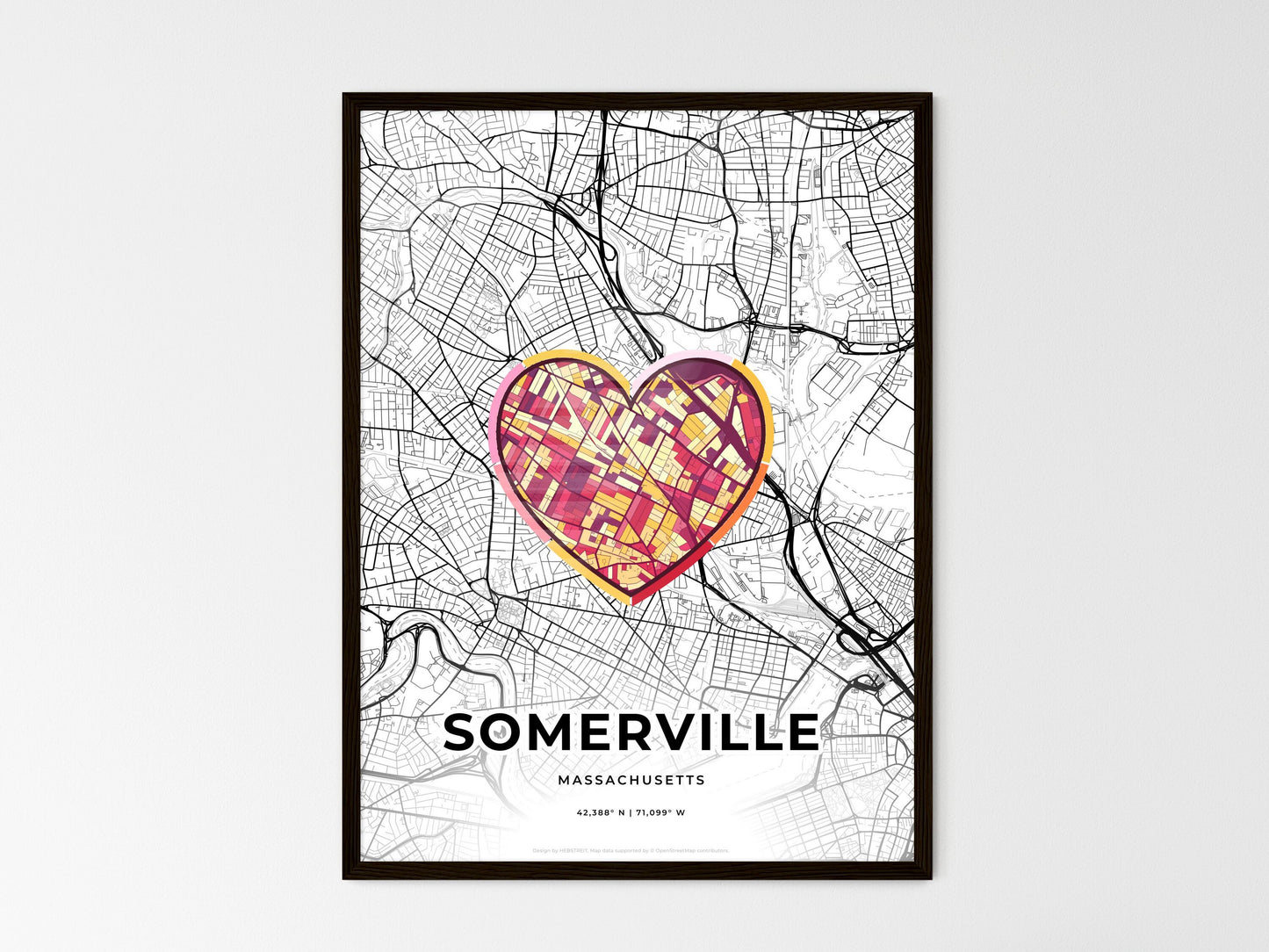 Somerville Massachusetts wedding art map with heart icon