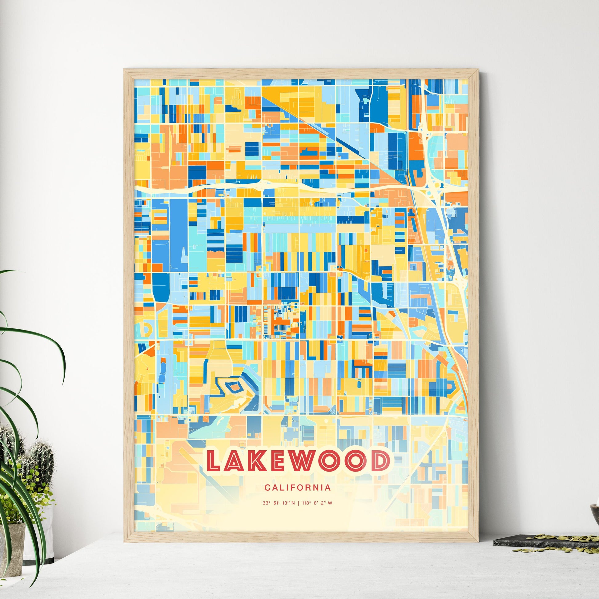 Colorful Lakewood California Fine Art Map Blue Orange