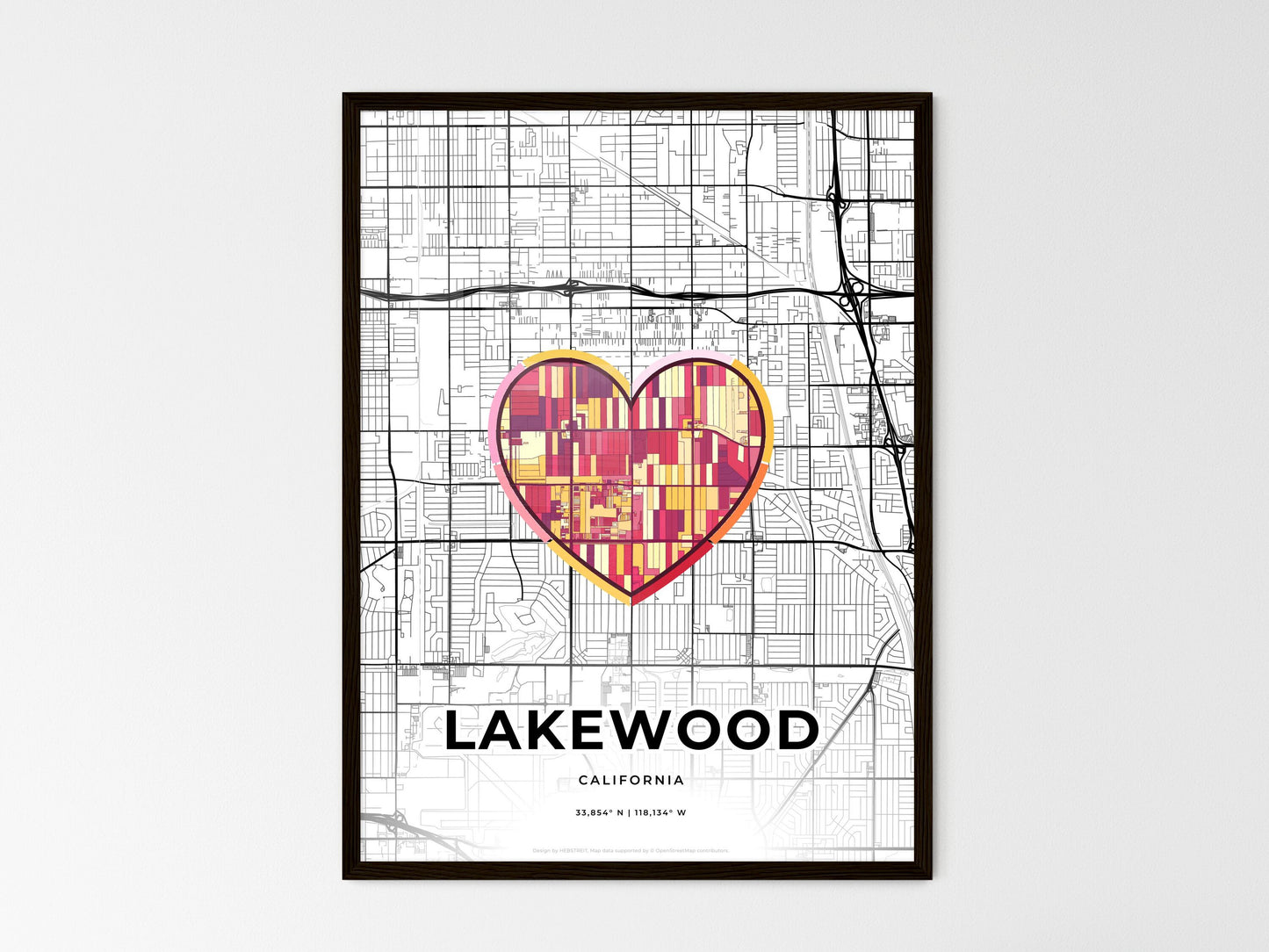 Lakewood California wedding art map with heart icon