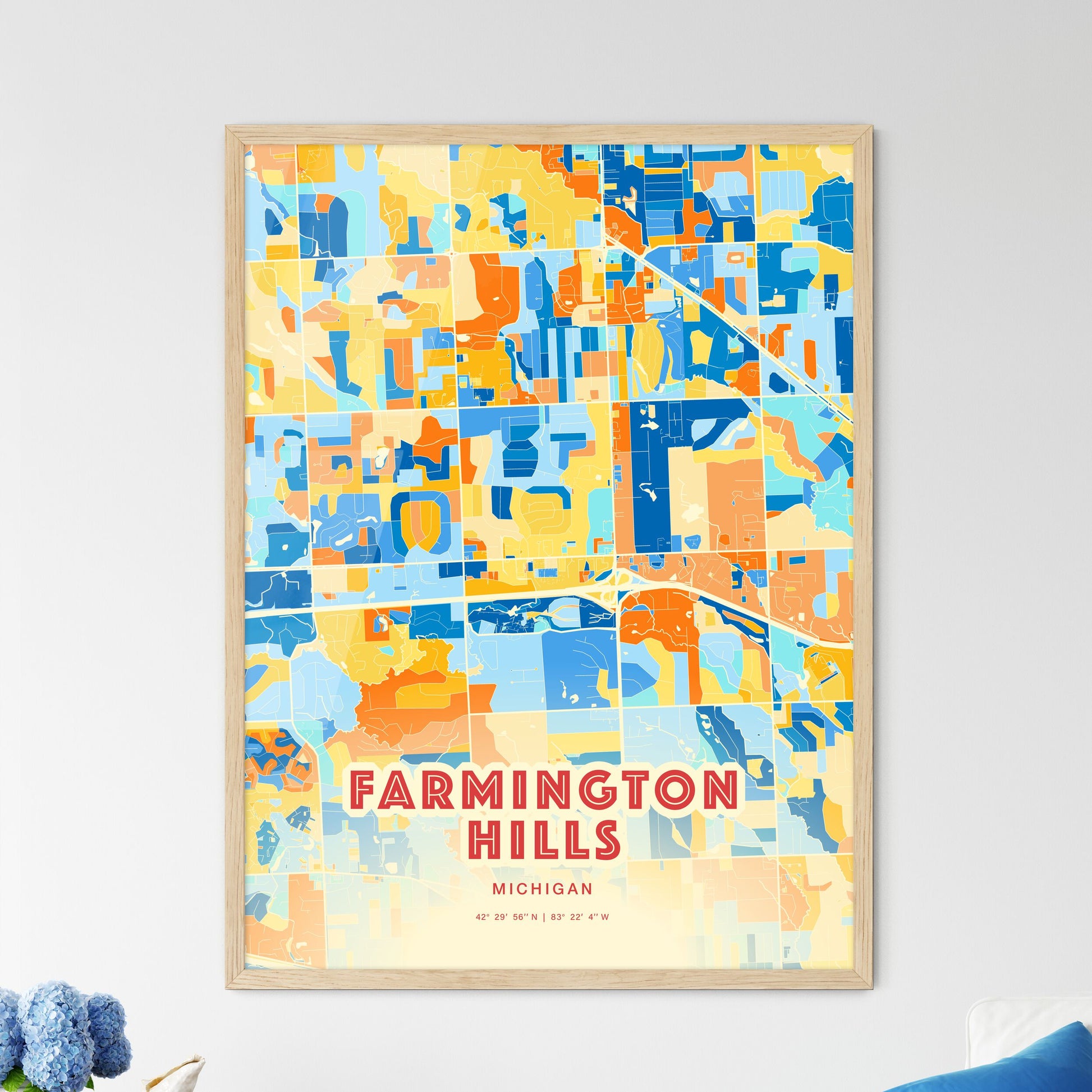 Colorful Farmington Hills Michigan Fine Art Map Blue Orange