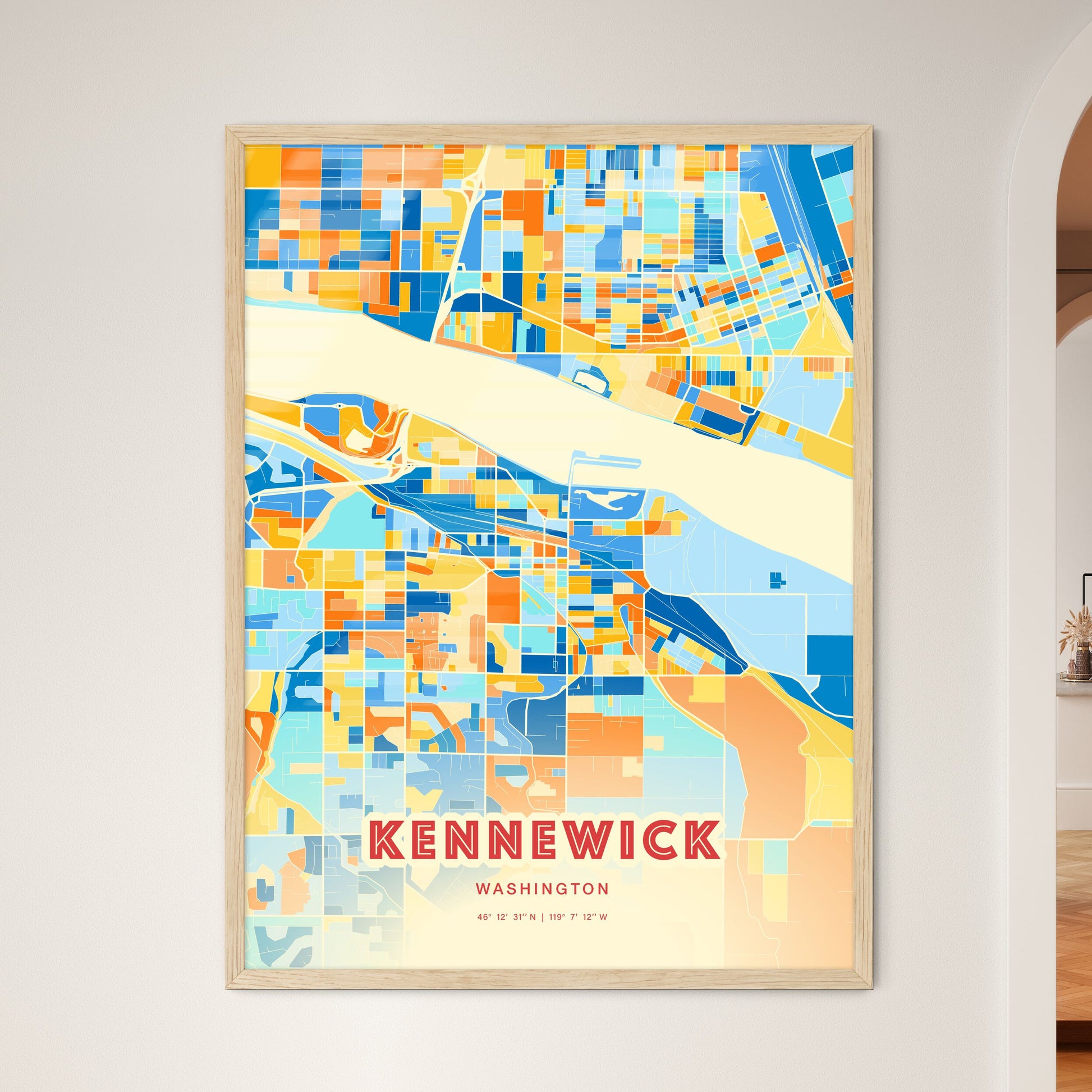 Colorful Kennewick Washington Fine Art Map Blue Orange