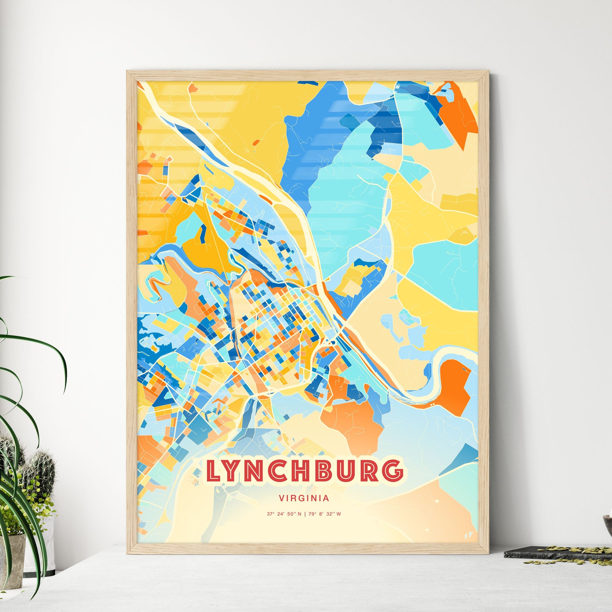 Colorful Lynchburg Virginia Fine Art Map Blue Orange