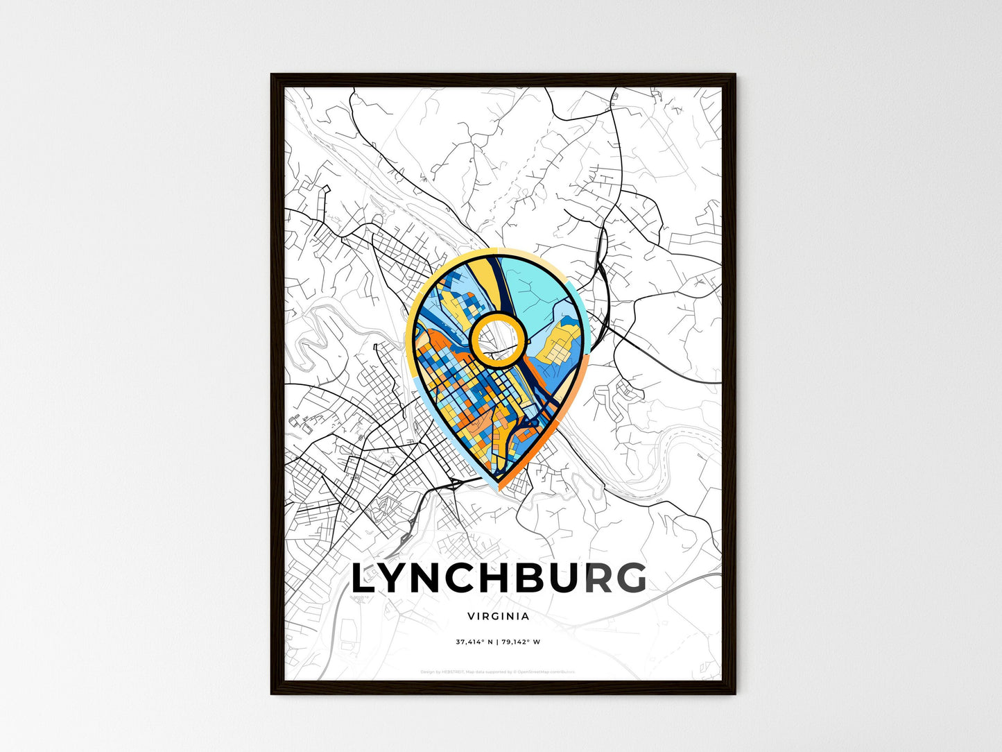 Lynchburg Virginia wedding art map with pointer icon