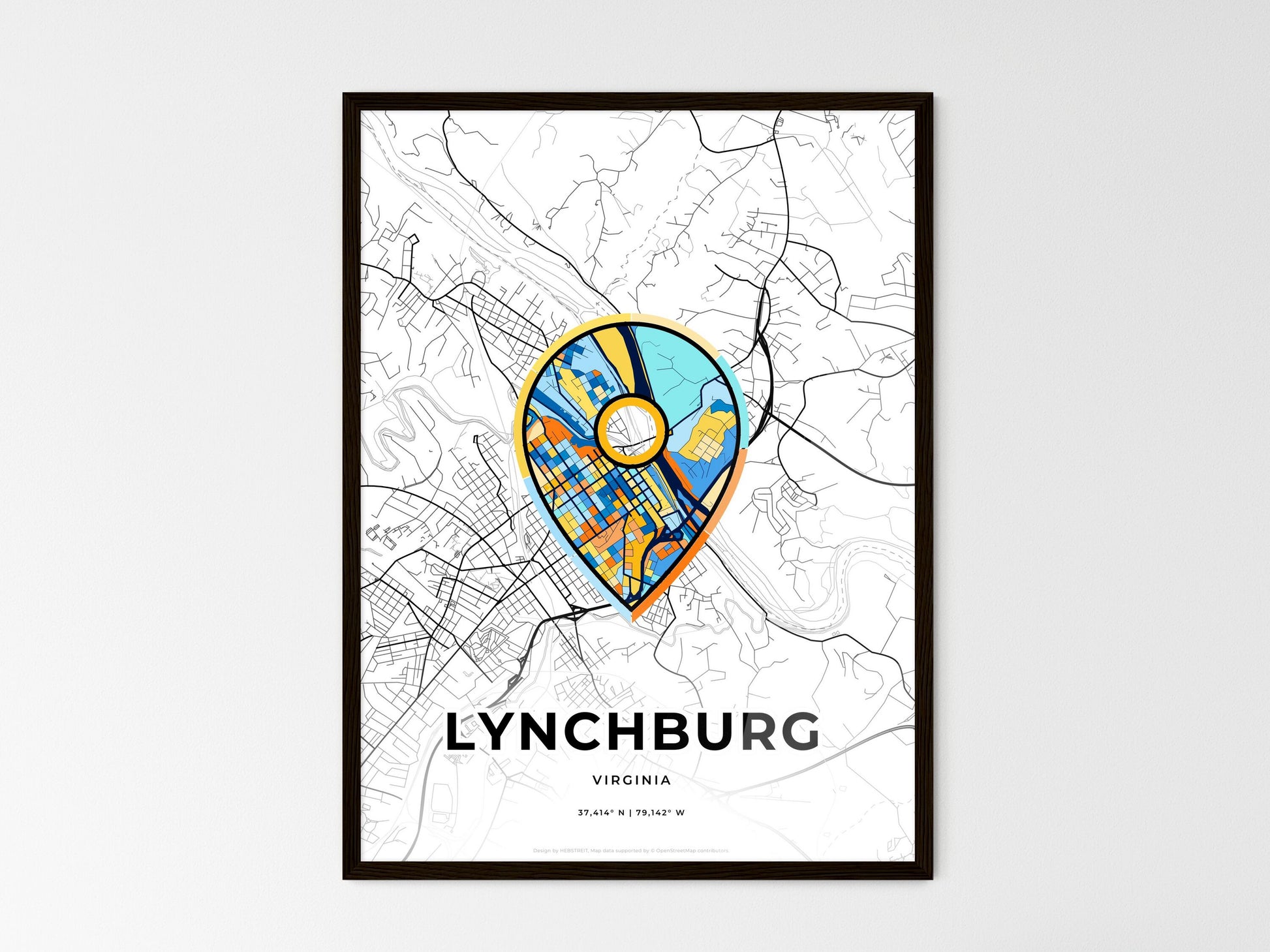 Lynchburg Virginia wedding art map with pointer icon