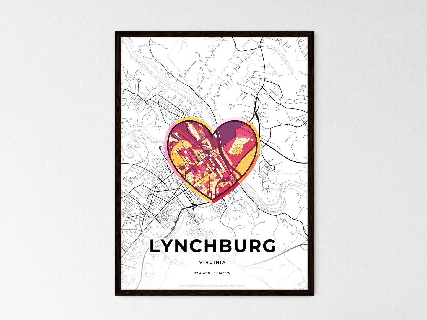 Lynchburg Virginia wedding art map with heart icon