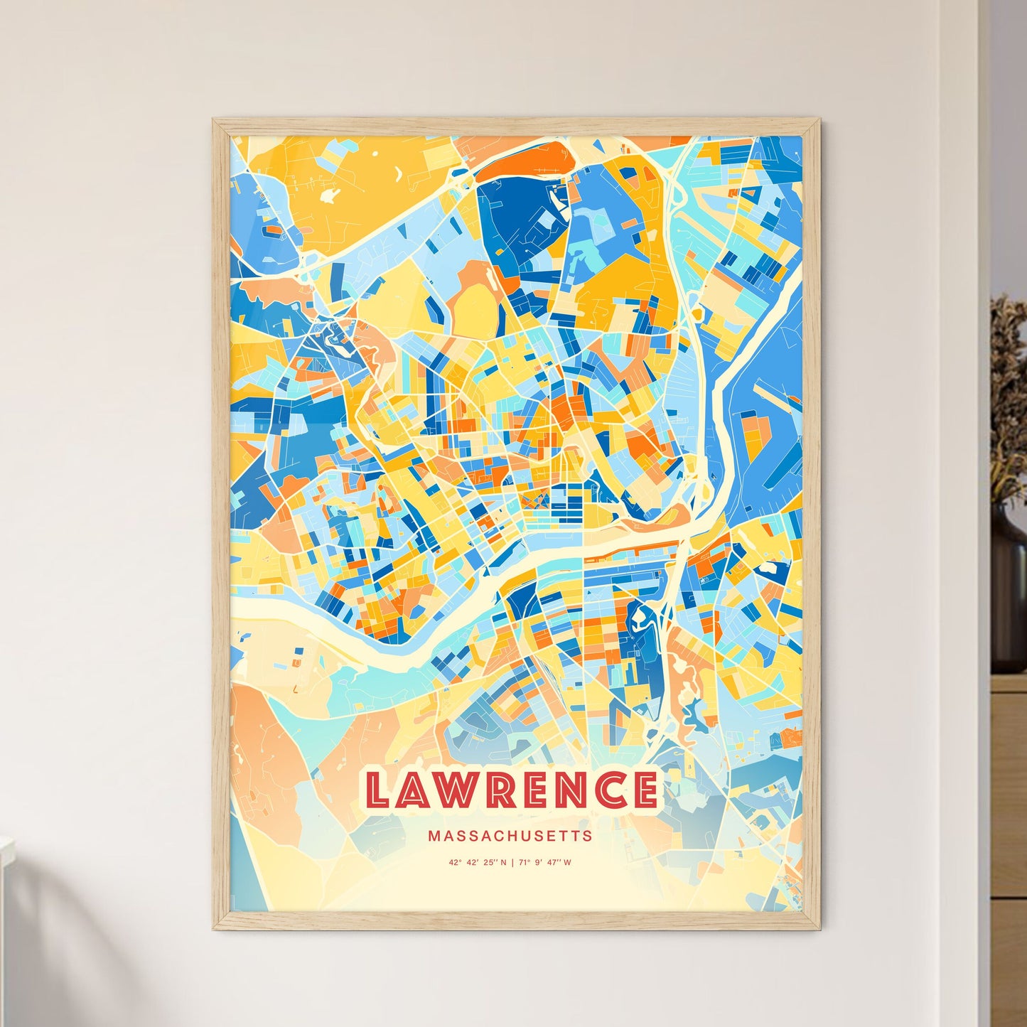 Colorful Lawrence Massachusetts Fine Art Map Blue Orange