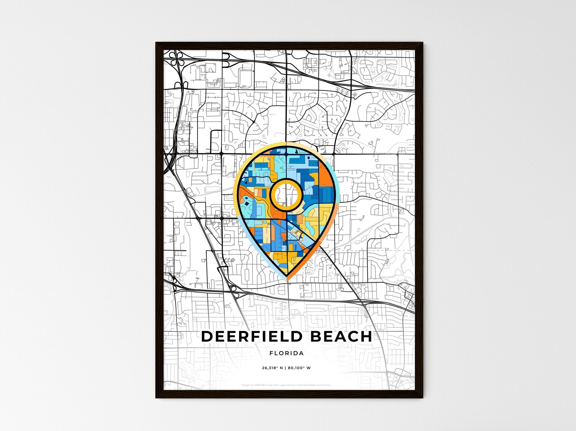 Deerfield Beach Florida wedding art map with pointer icon