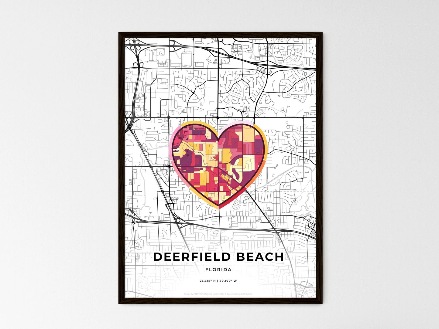 Deerfield Beach Florida wedding art map with heart icon