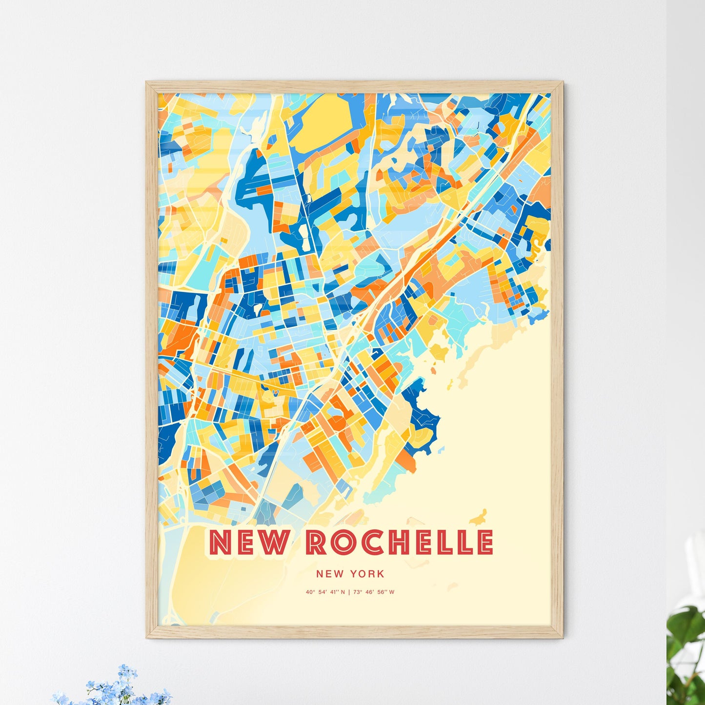 Colorful NEW ROCHELLE NEW YORK Fine Art Map Blue Orange