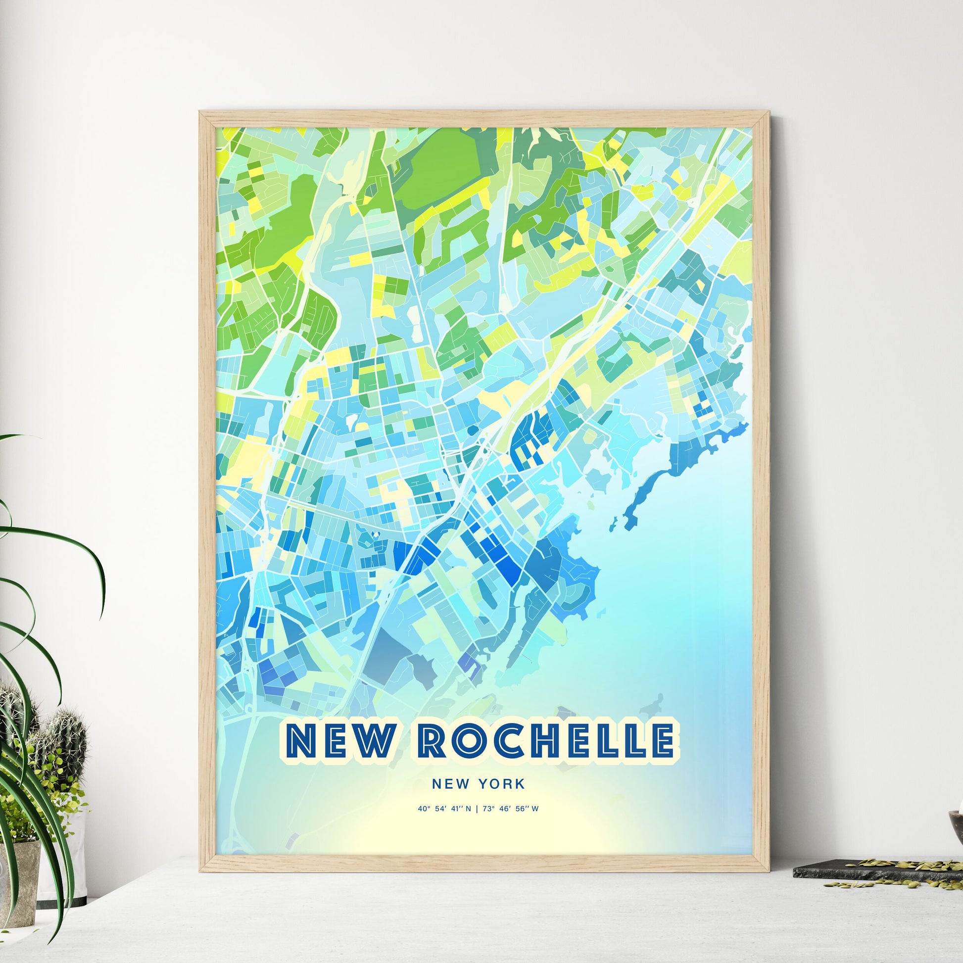 Colorful NEW ROCHELLE NEW YORK Fine Art Map Cool Blue