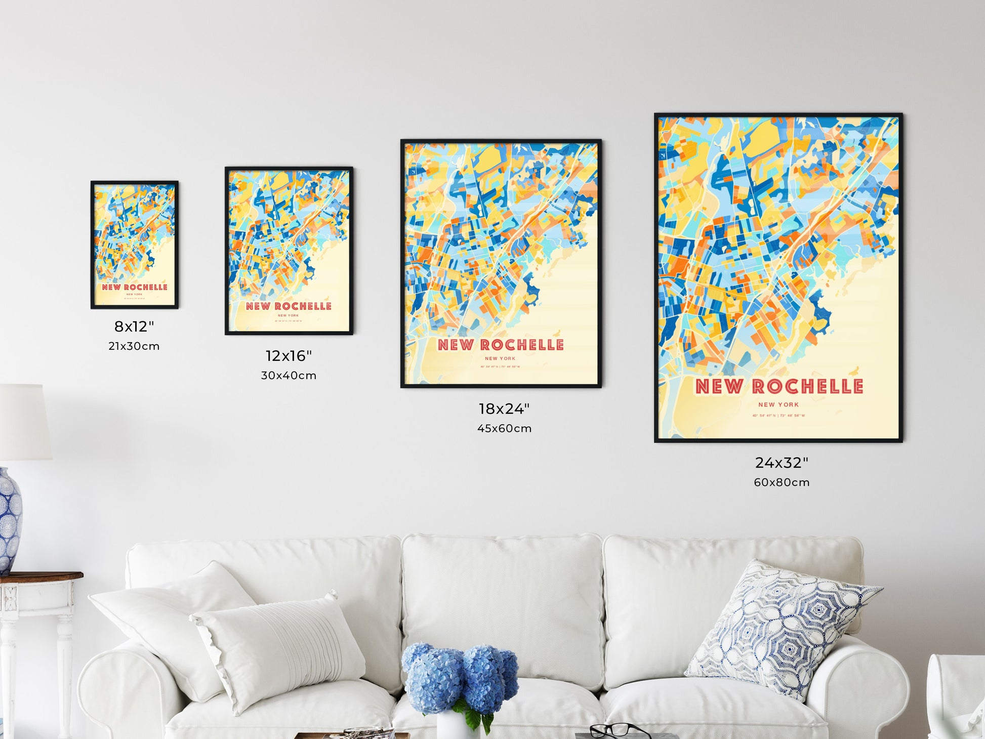 Colorful NEW ROCHELLE NEW YORK Fine Art Map Blue Orange