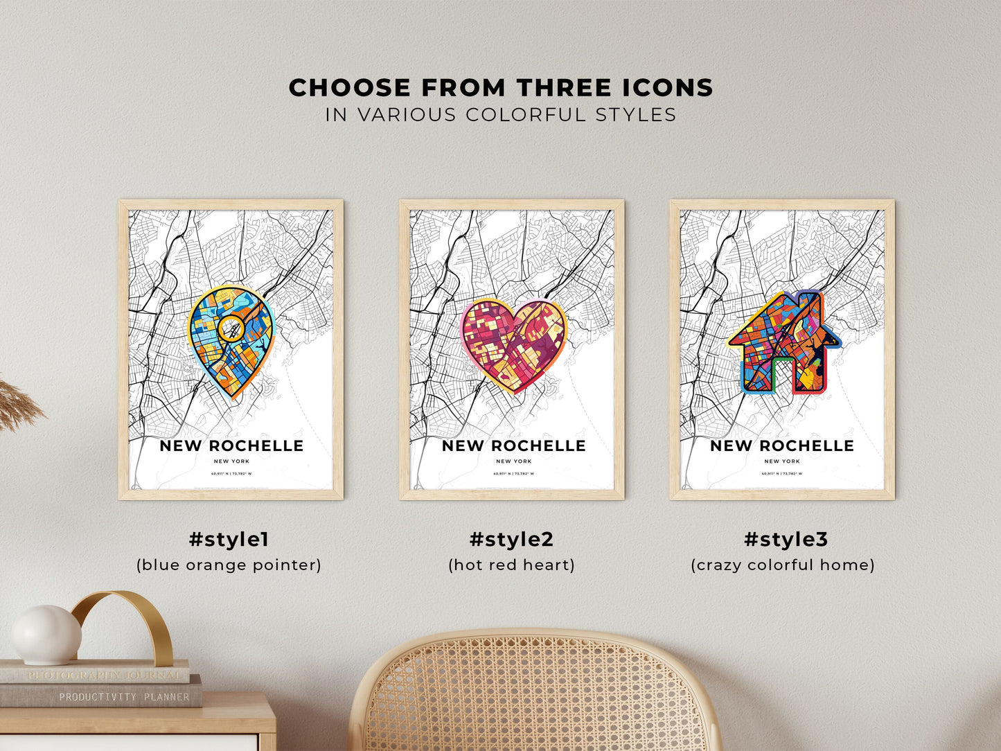 NEW ROCHELLE NEW YORK minimal art map with a colorful icon. Where it all began, Couple map gift.