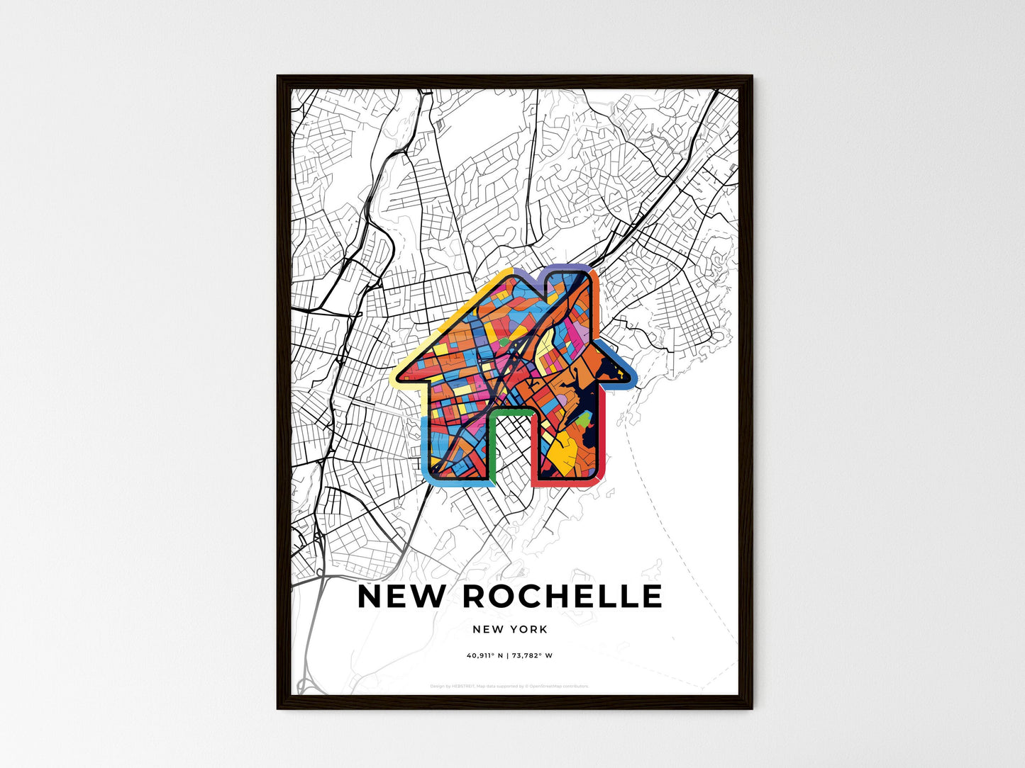 NEW ROCHELLE NEW YORK minimal art map with a colorful icon. Where it all began, Couple map gift. Style 3