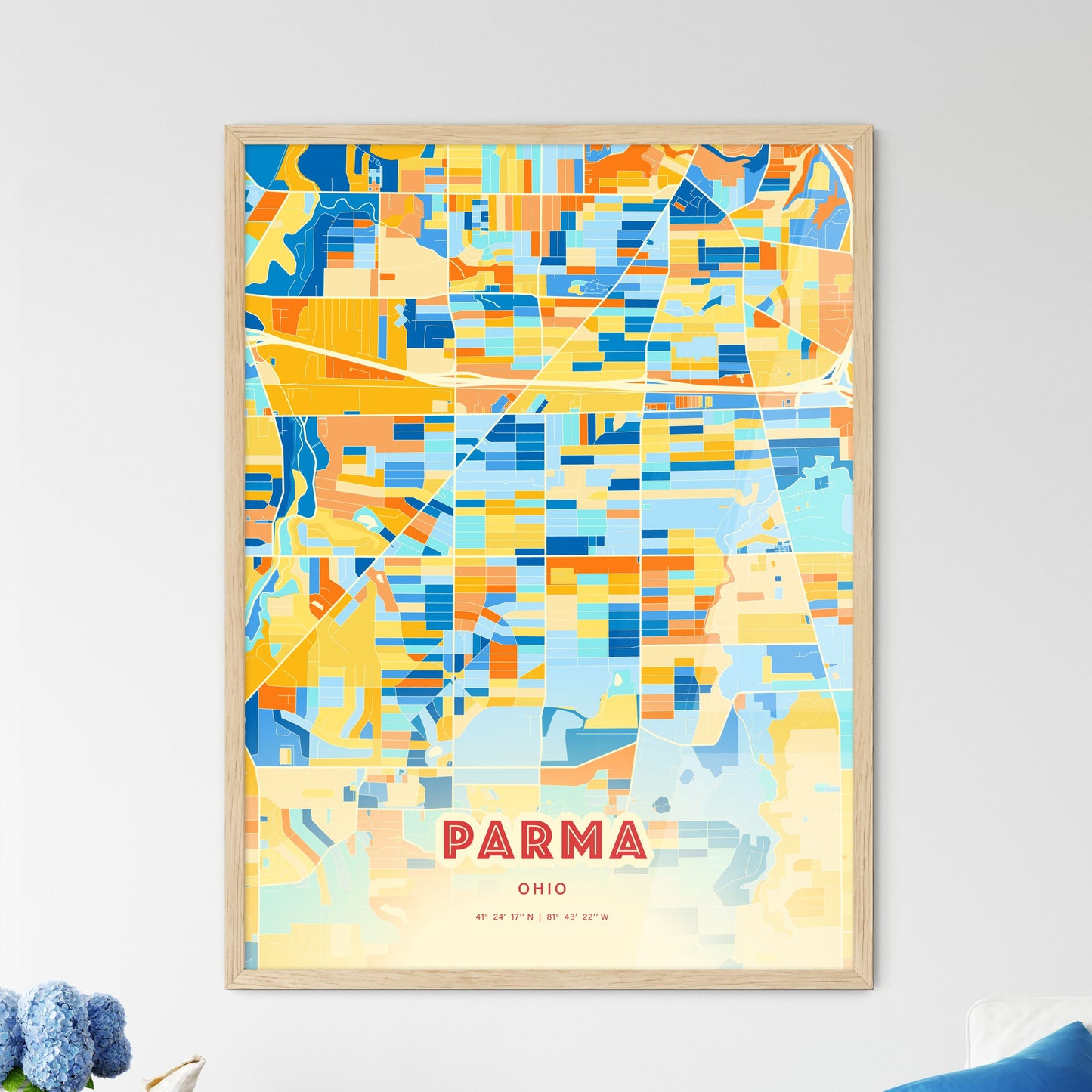 Colorful Parma Ohio Fine Art Map Blue Orange