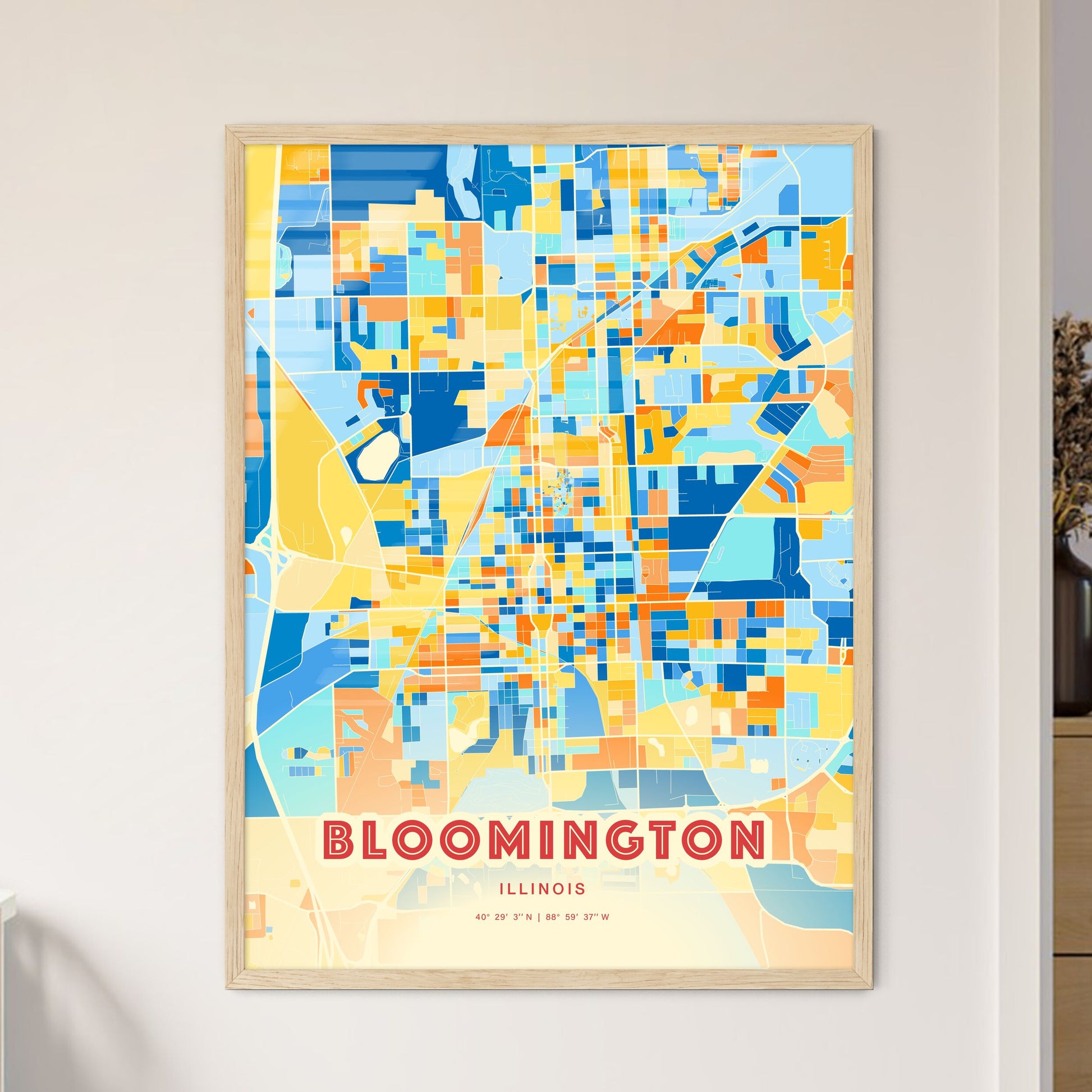 Colorful Bloomington Illinois Fine Art Map Blue Orange