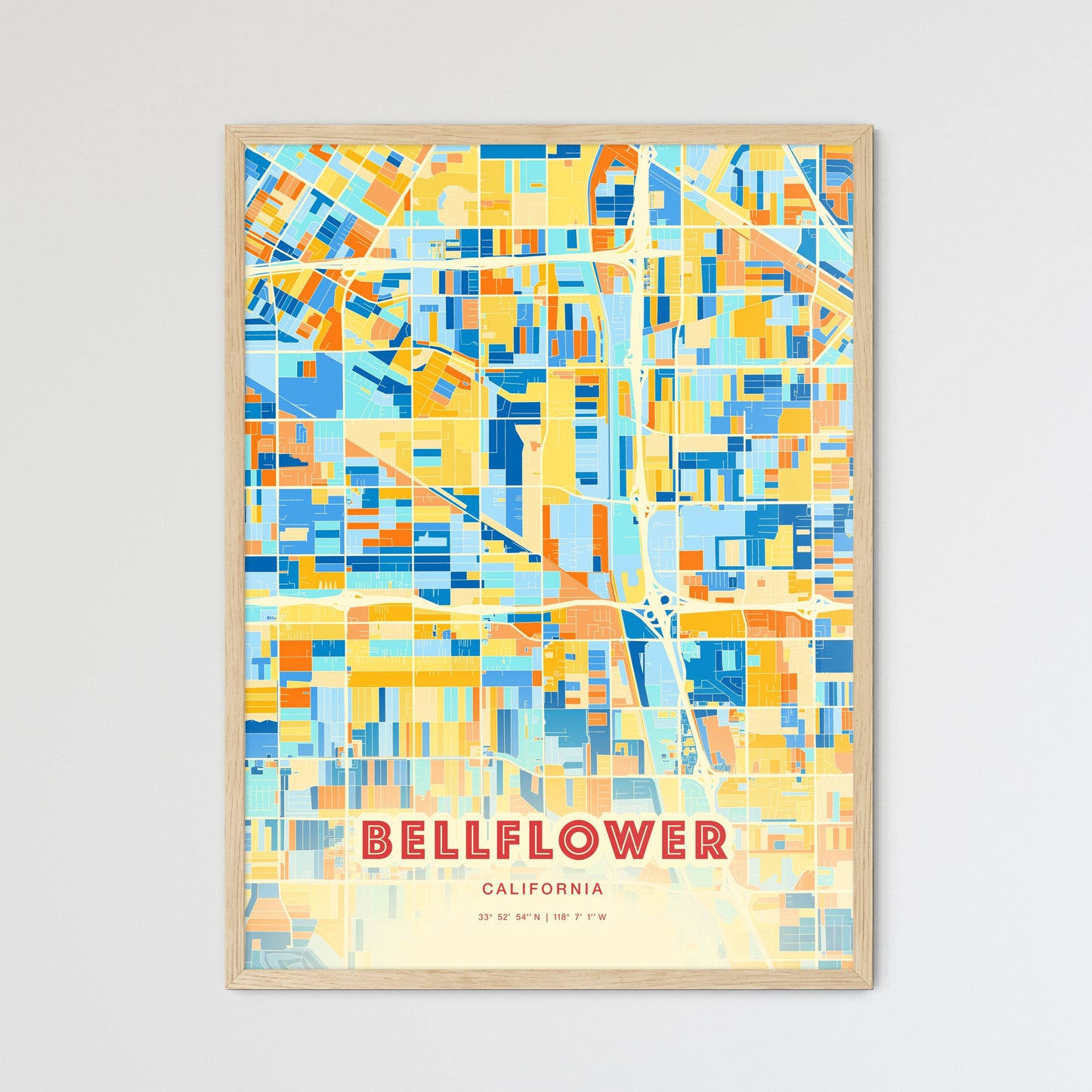 Colorful Bellflower California Fine Art Map Blue Orange