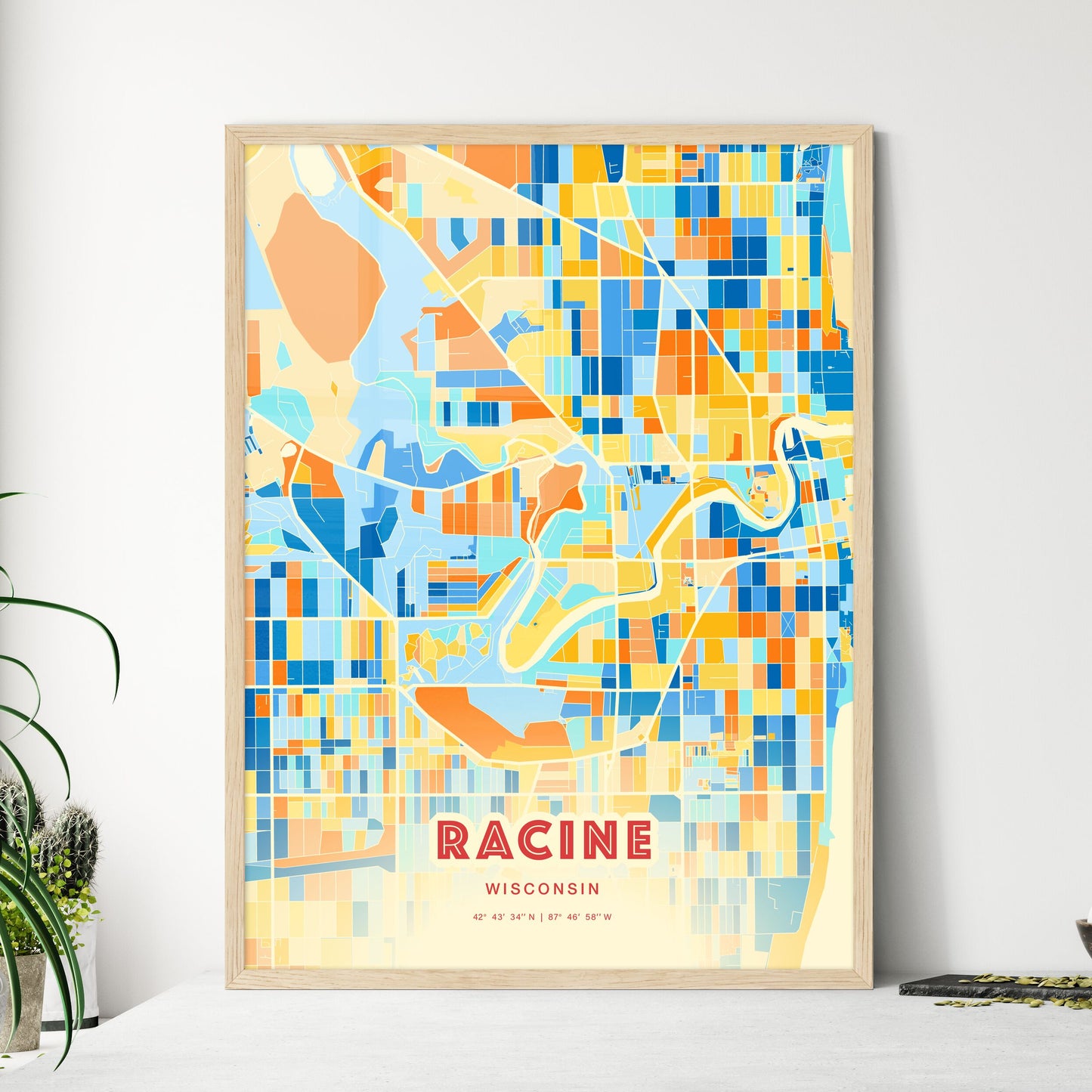 Colorful Racine Wisconsin Fine Art Map Blue Orange