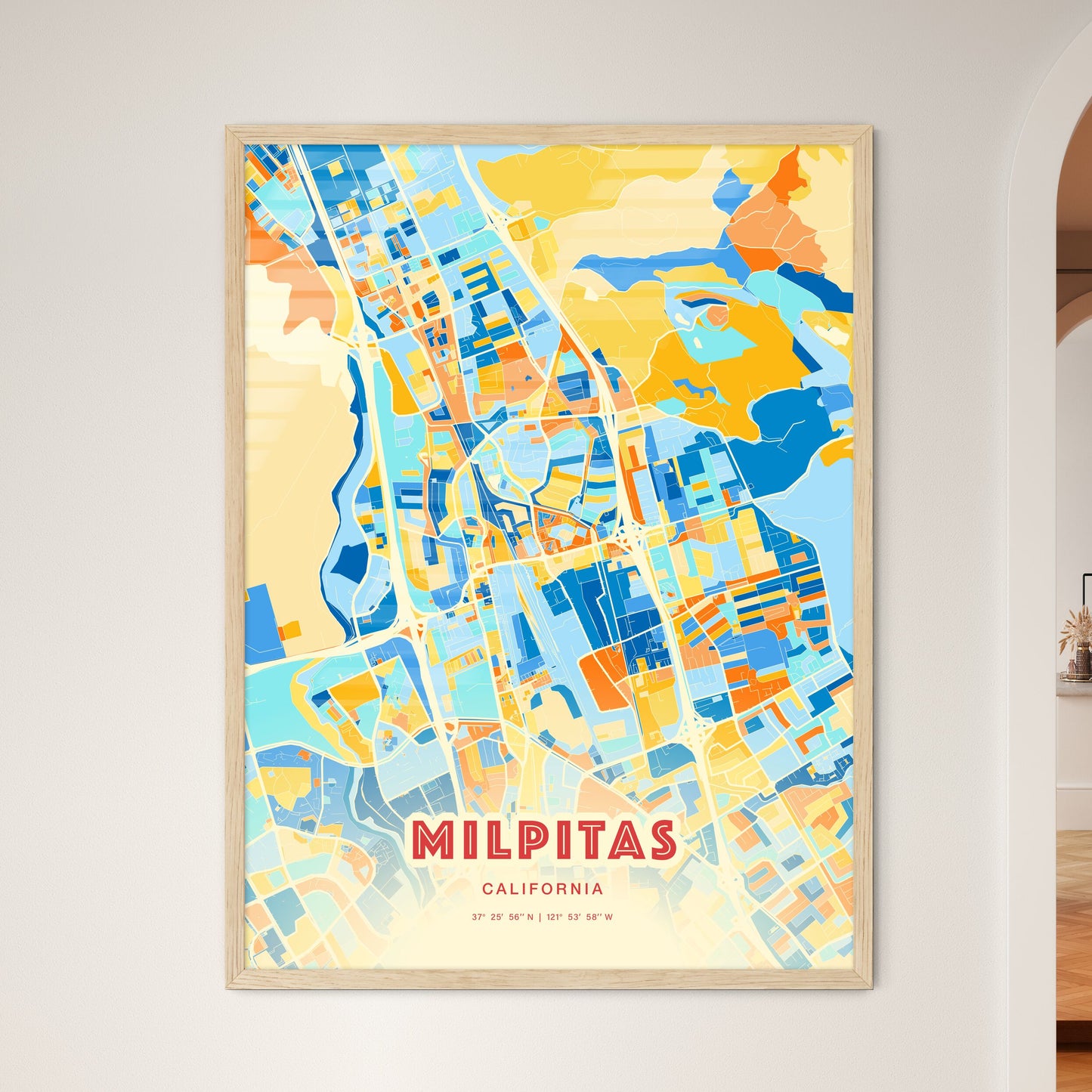 Colorful Milpitas California Fine Art Map Blue Orange