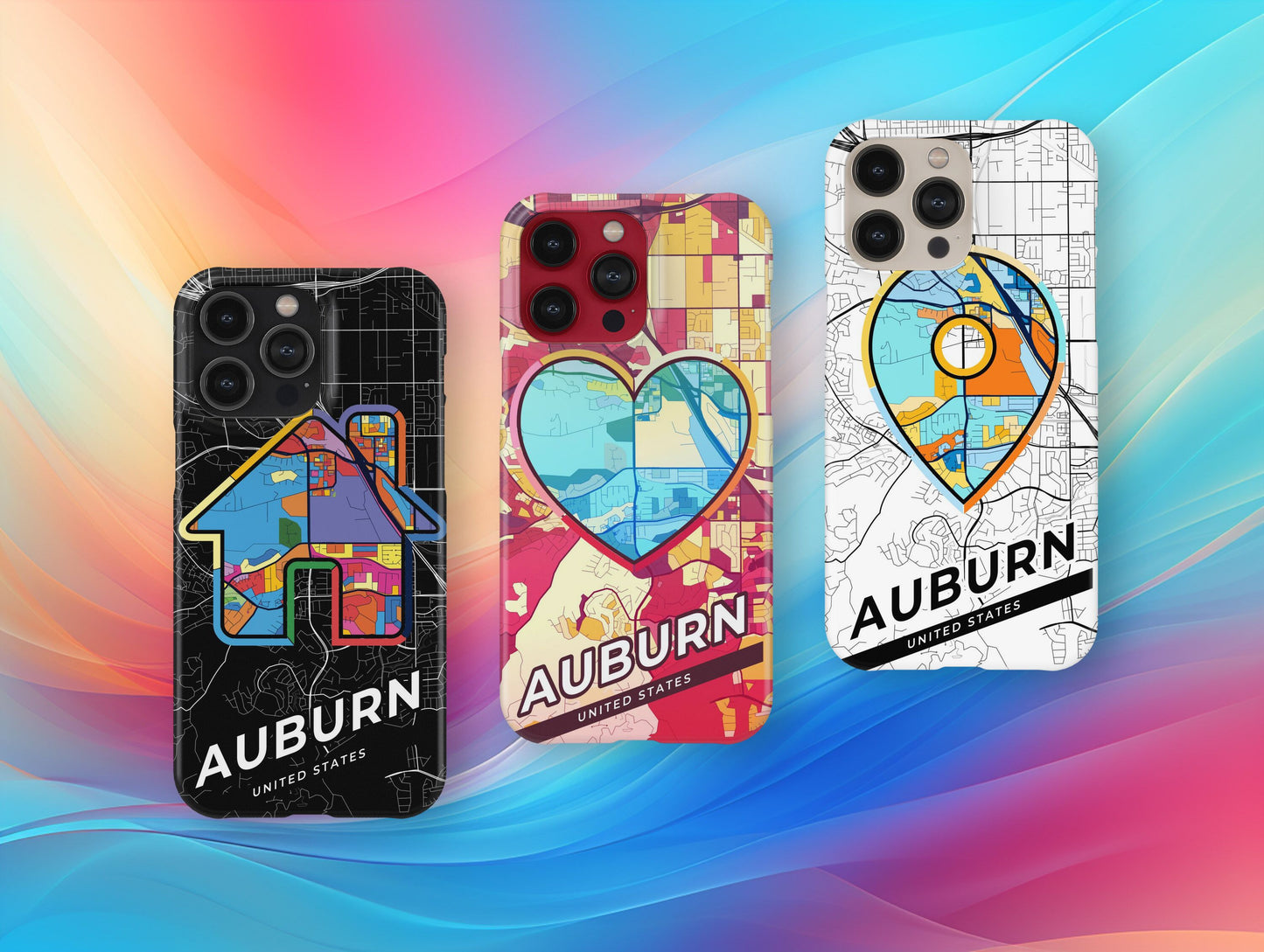 Auburn Washington slim phone case with colorful icon. Birthday, wedding or housewarming gift. Couple match cases.