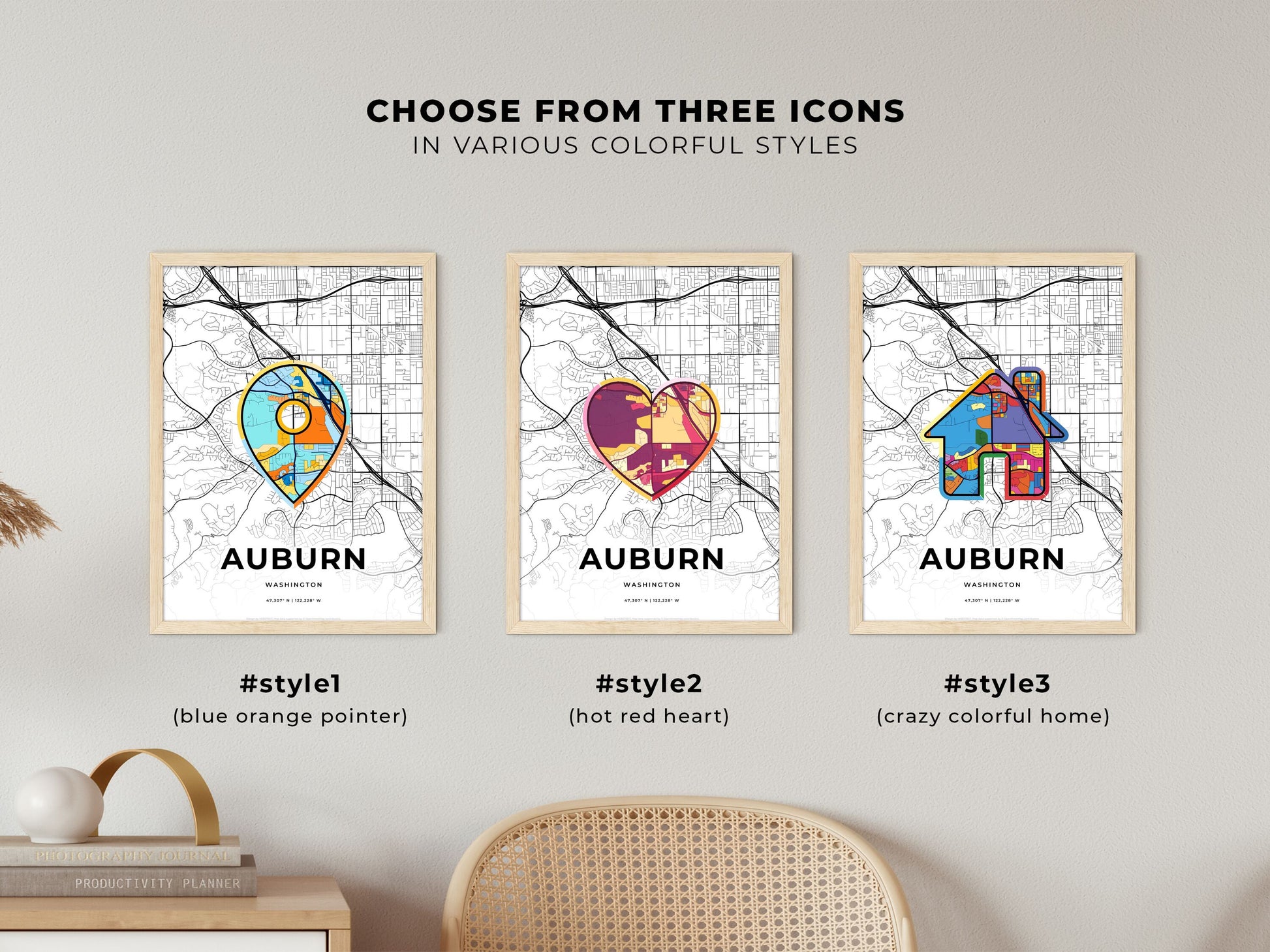 AUBURN WASHINGTON minimal art map with a colorful icon. Where it all began, Couple map gift.