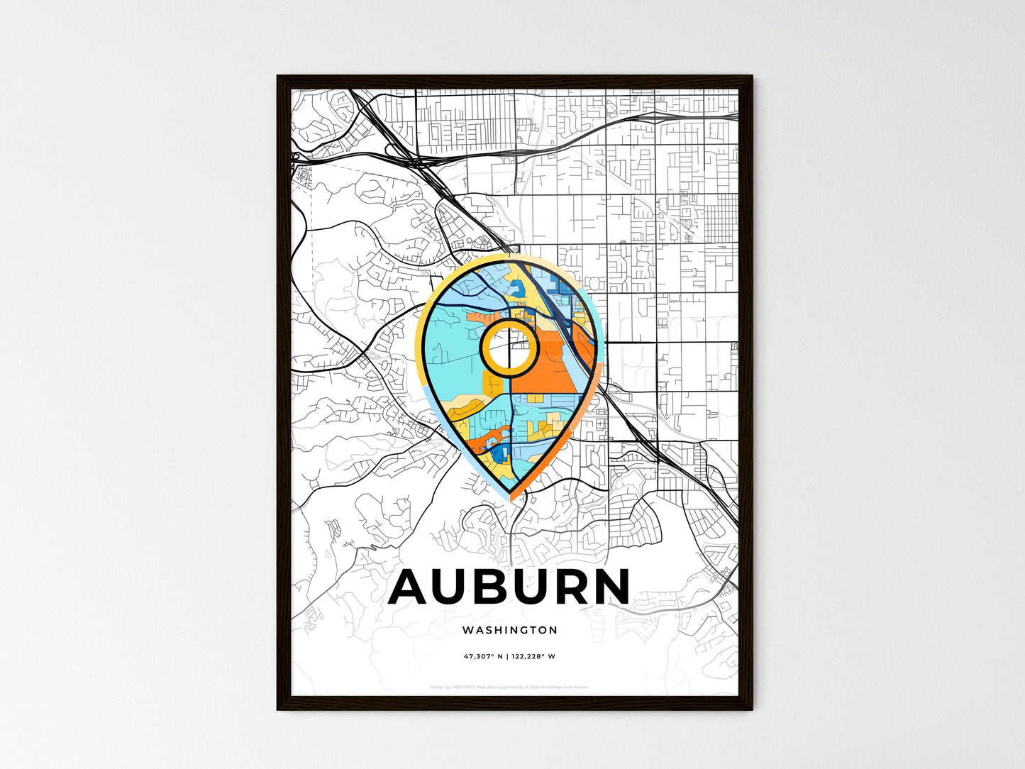 AUBURN WASHINGTON minimal art map with a colorful icon. Where it all began, Couple map gift. Style 1