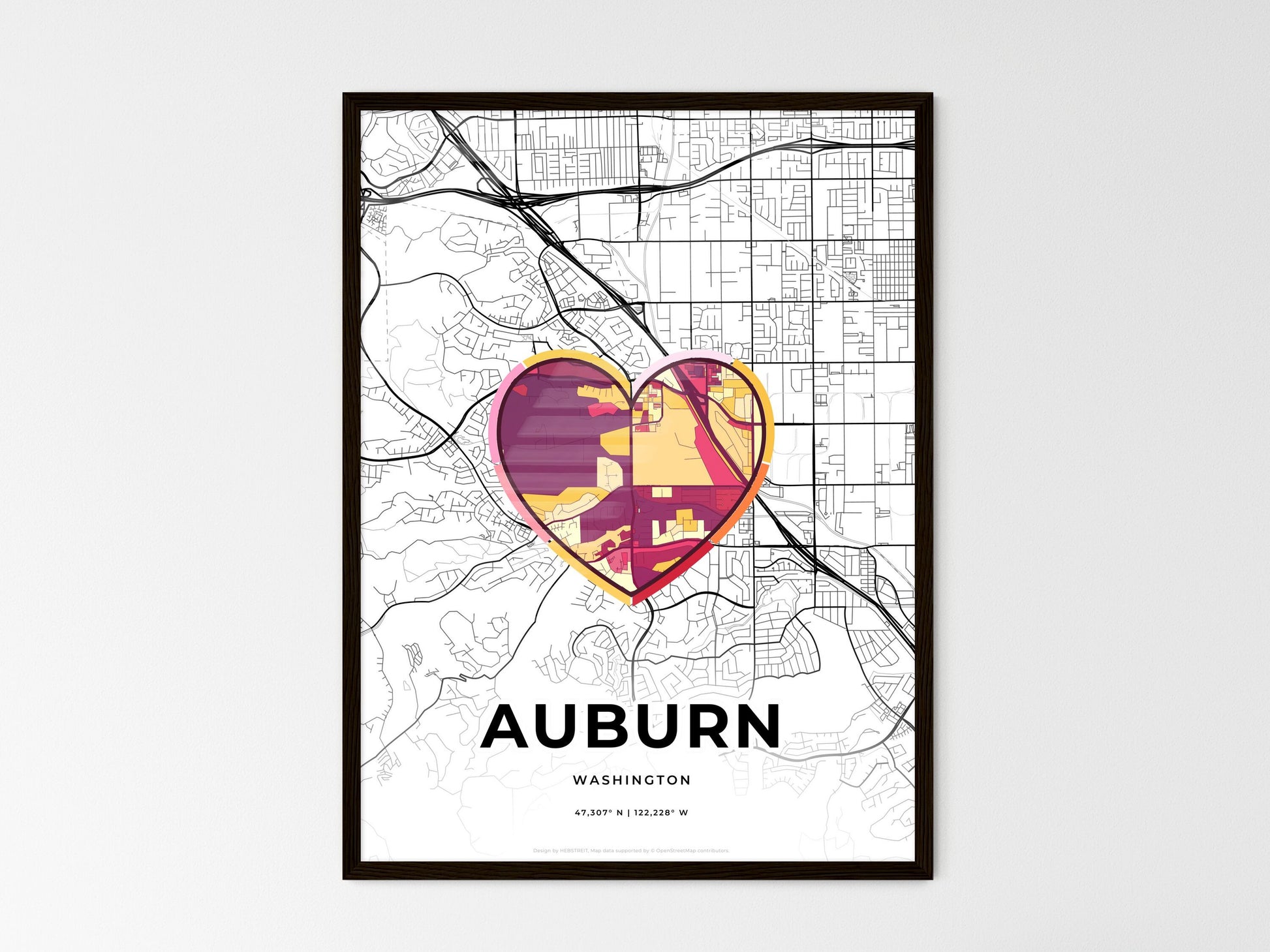 AUBURN WASHINGTON minimal art map with a colorful icon. Where it all began, Couple map gift. Style 2